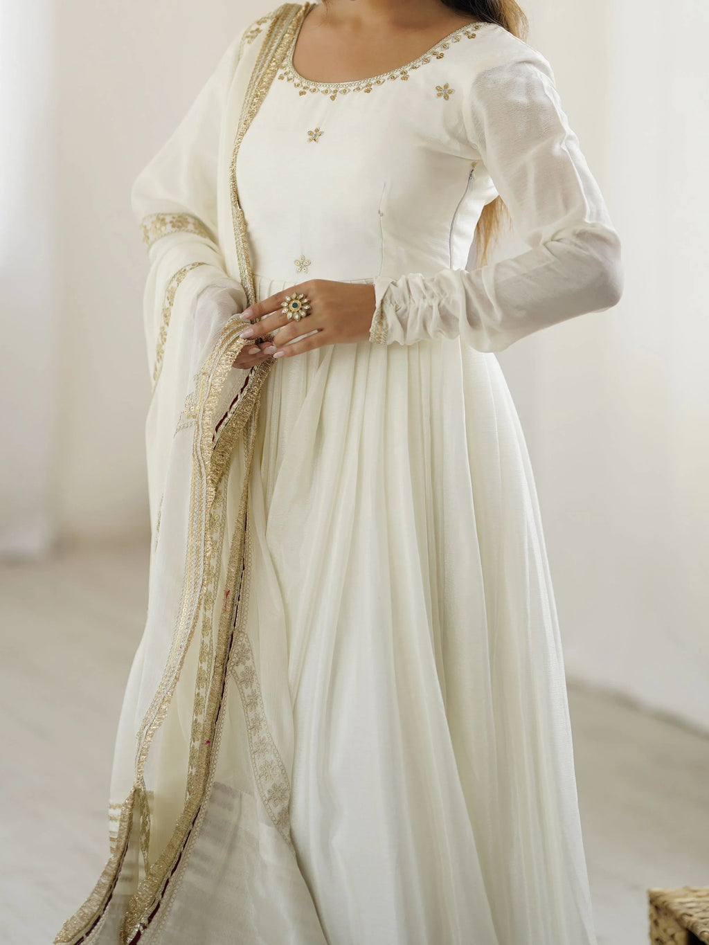 White chinon silk embroidered anarkali suit with dupatta