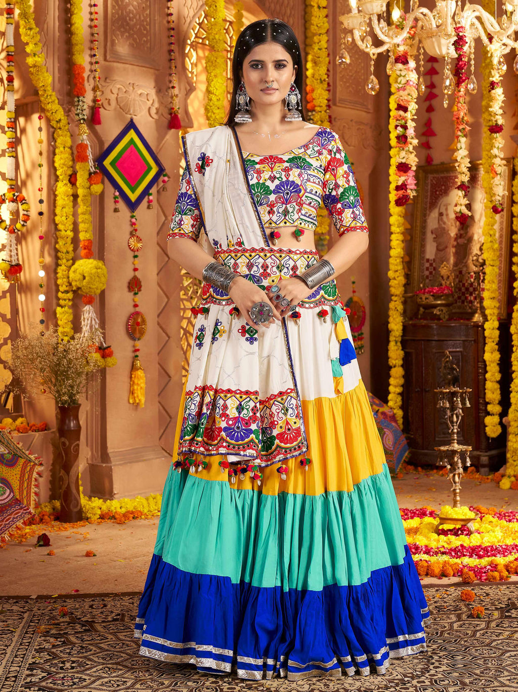 White multicolor viscose cotton mirror embroidery Navratri lehenga choli