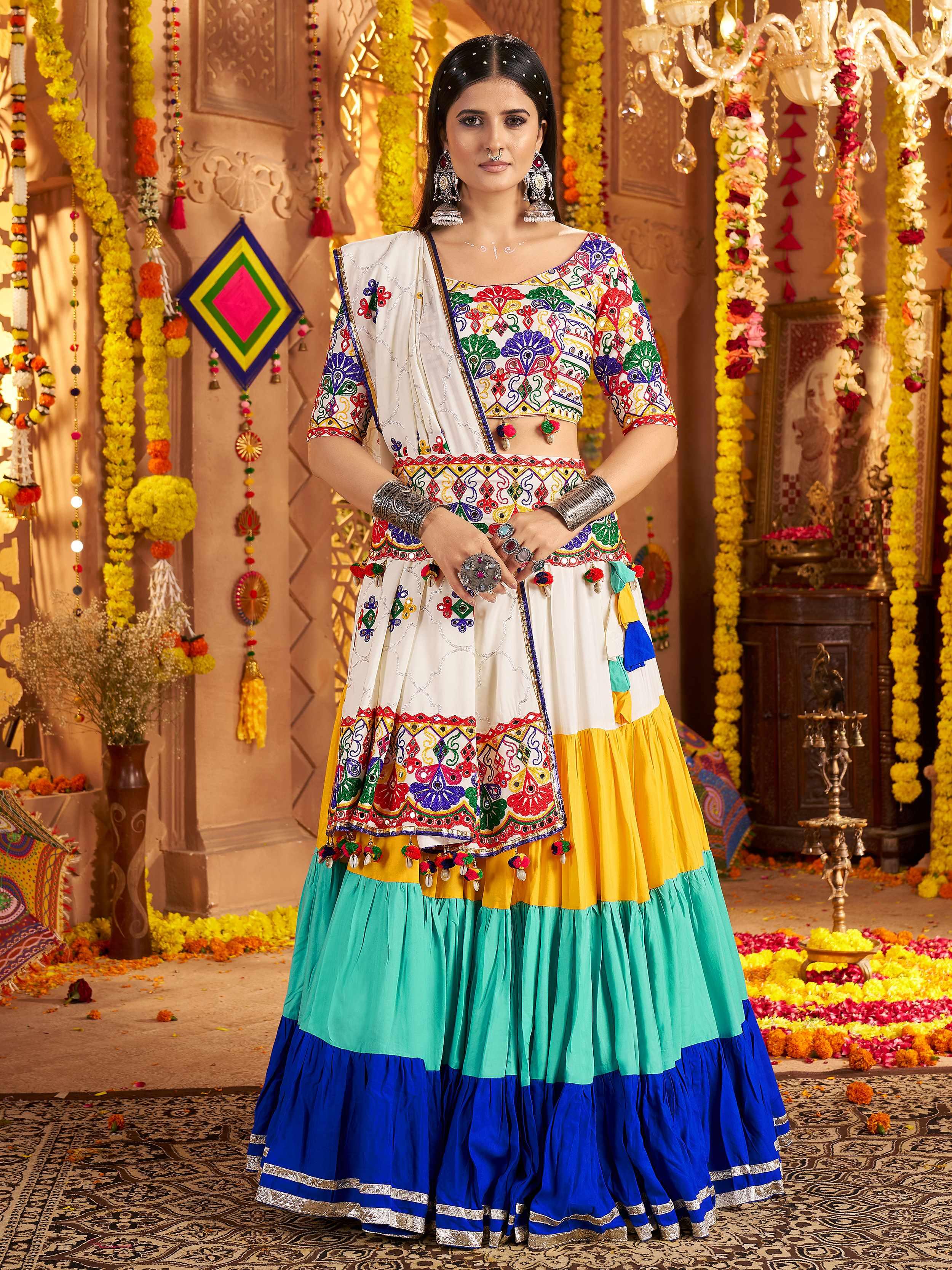White multicolor viscose cotton mirror embroidery Navratri lehenga choli