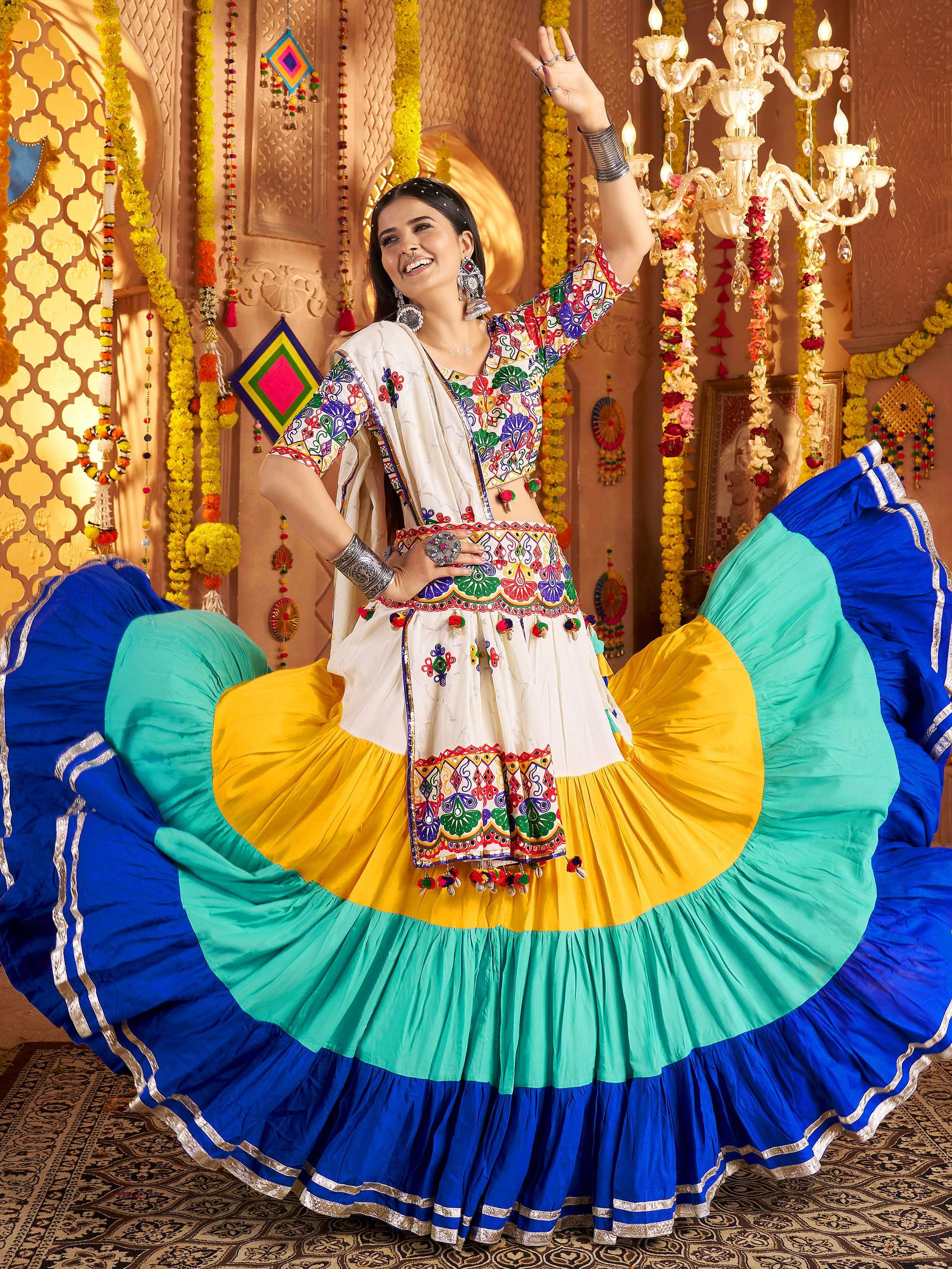 White multicolor viscose cotton mirror embroidery Navratri lehenga choli