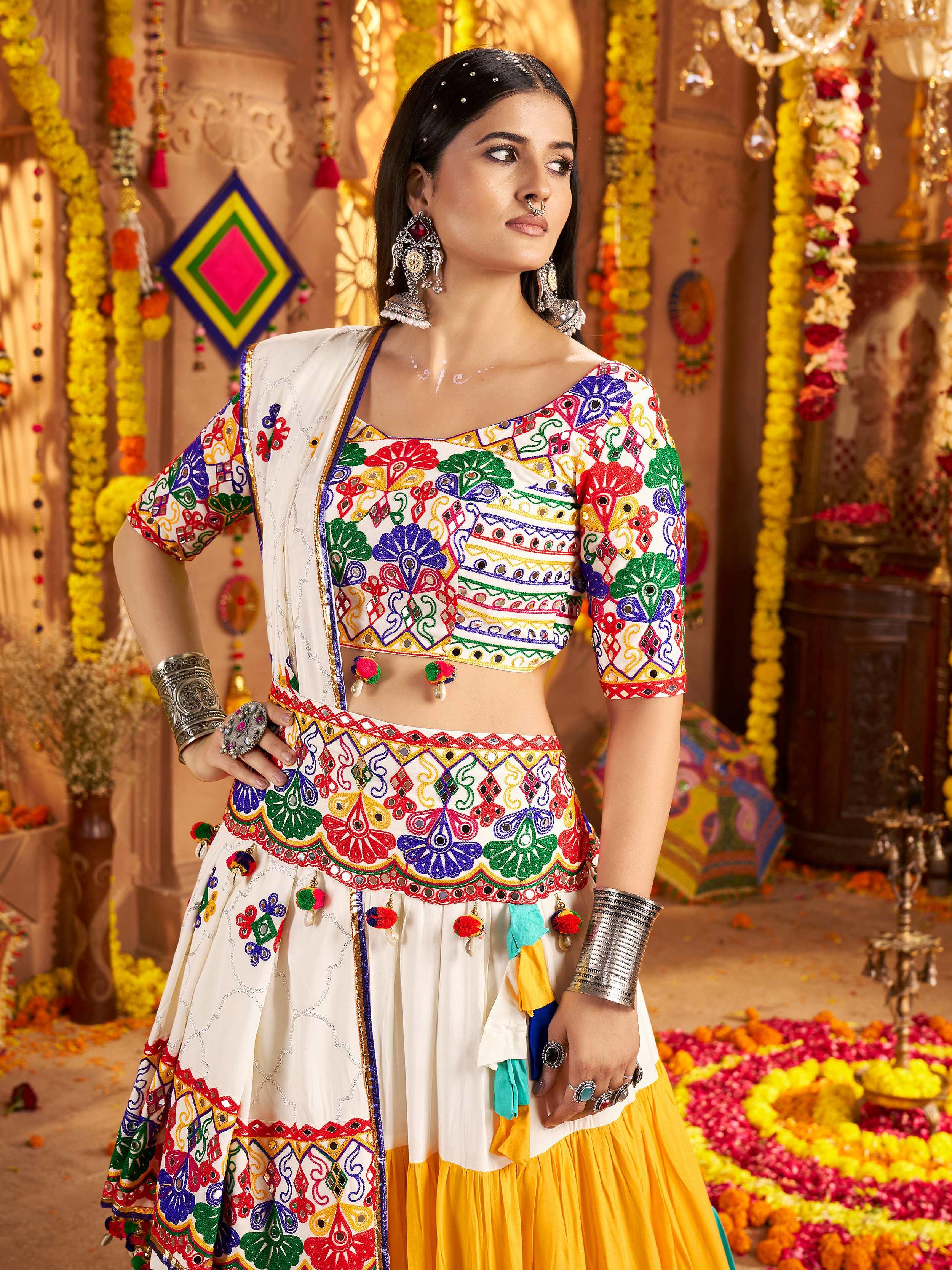 White multicolor viscose cotton mirror embroidery Navratri lehenga choli