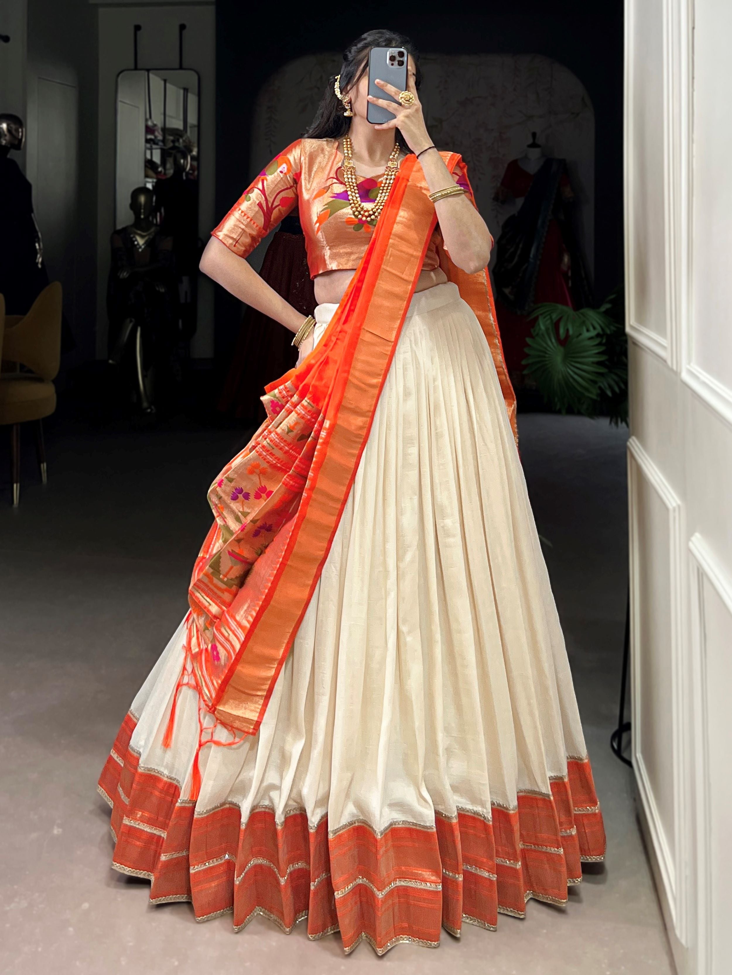 White Paithani Vichitra silk zari weaving lehenga choli with dupatta