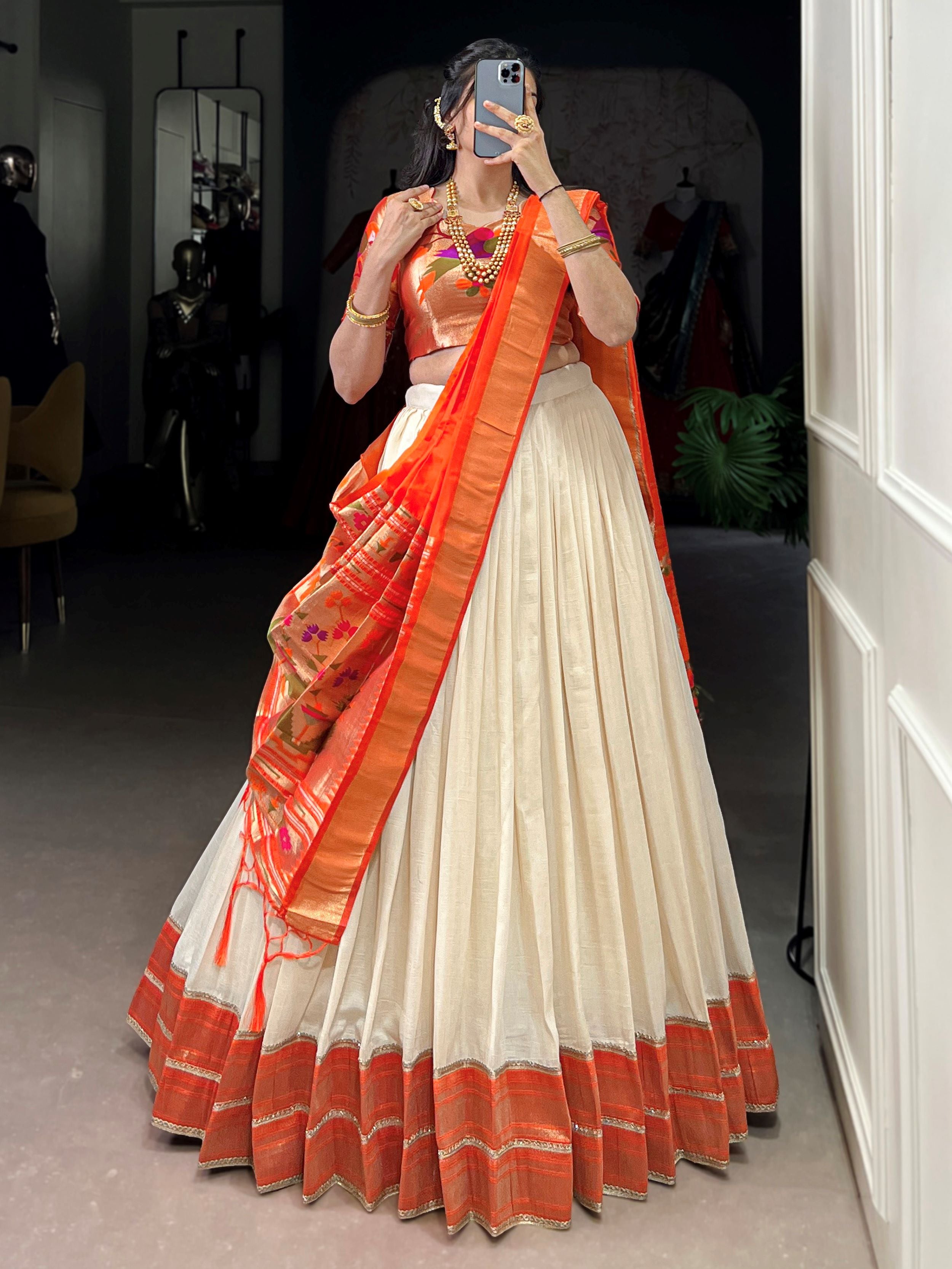 White Paithani Vichitra silk zari weaving lehenga choli with dupatta
