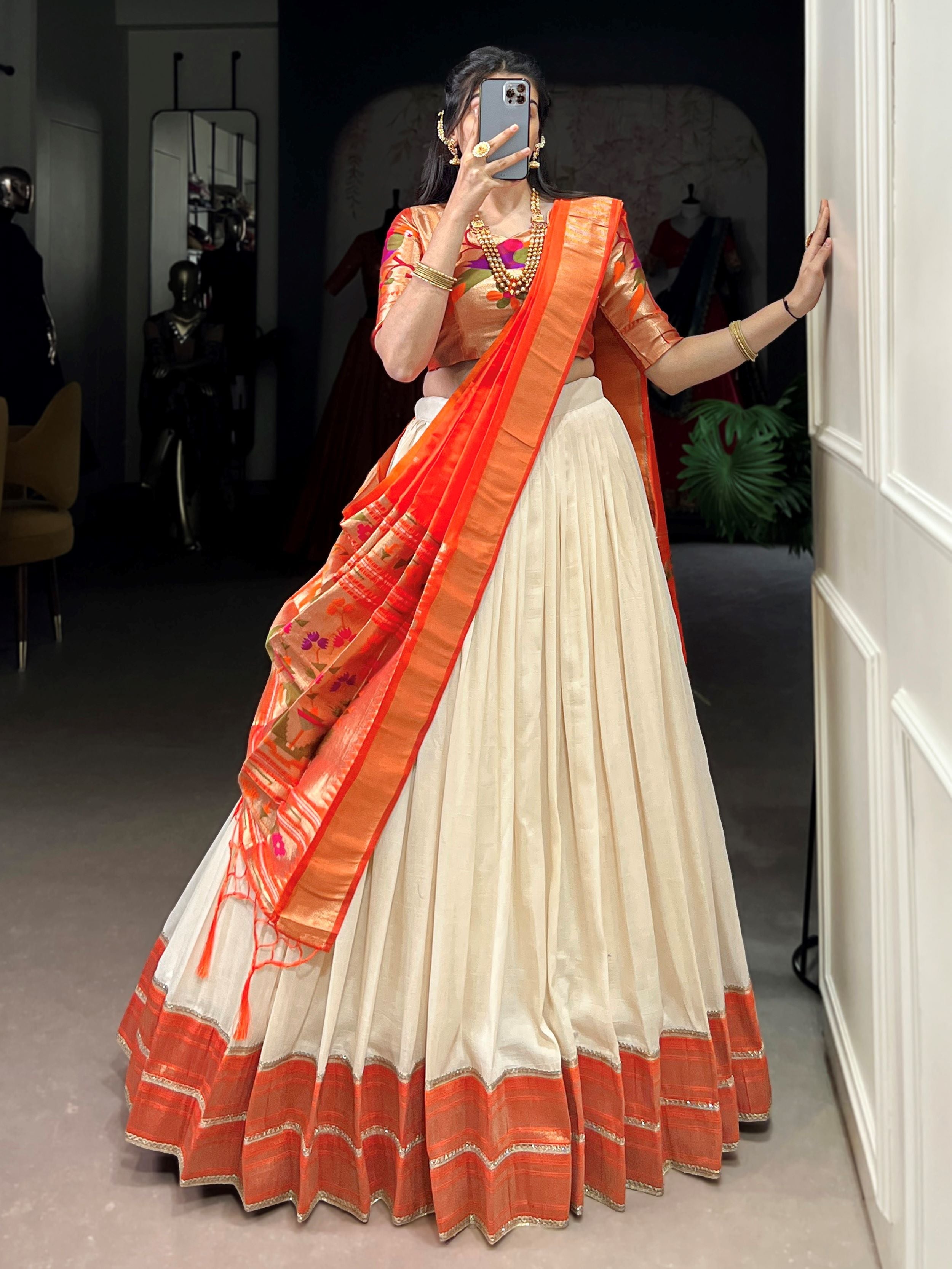 White Paithani Vichitra silk zari weaving lehenga choli with dupatta