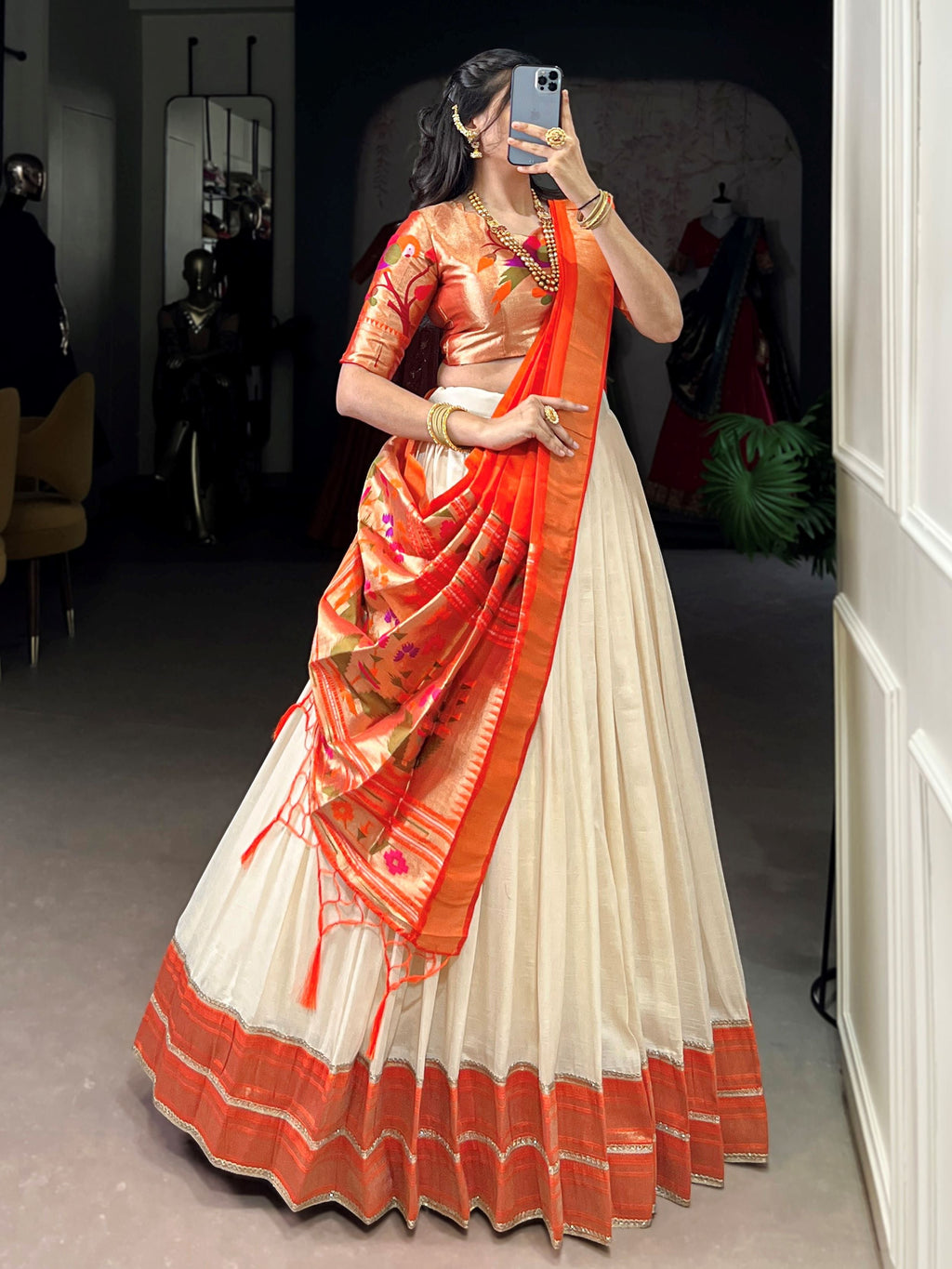 White Paithani Vichitra silk zari weaving lehenga choli with dupatta