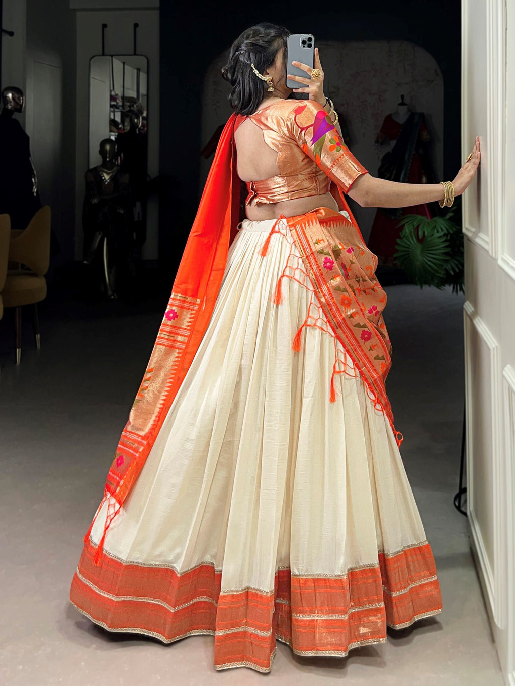 White Paithani Vichitra silk zari weaving lehenga choli with dupatta