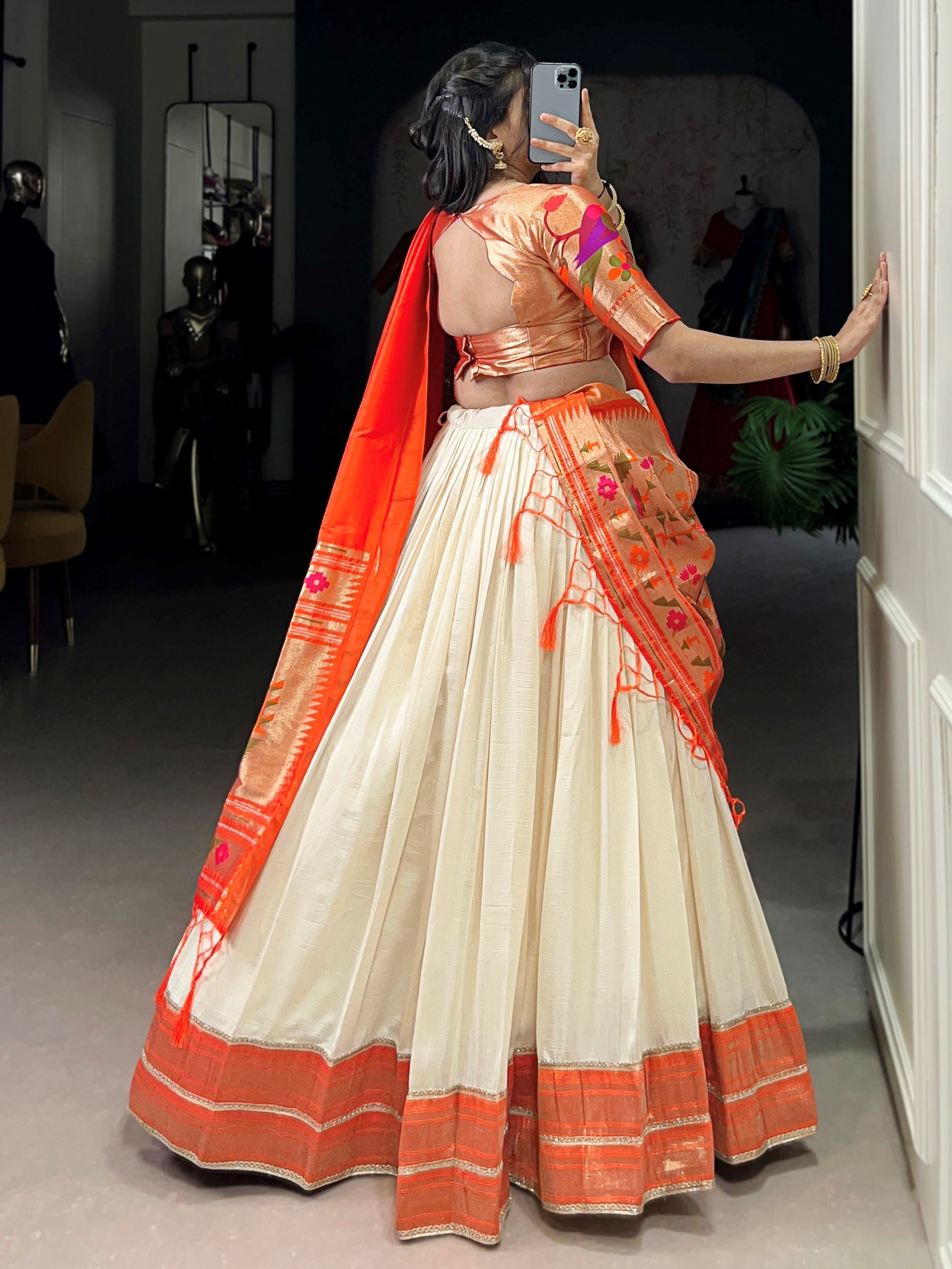 White Paithani Vichitra silk zari weaving lehenga choli with dupatta