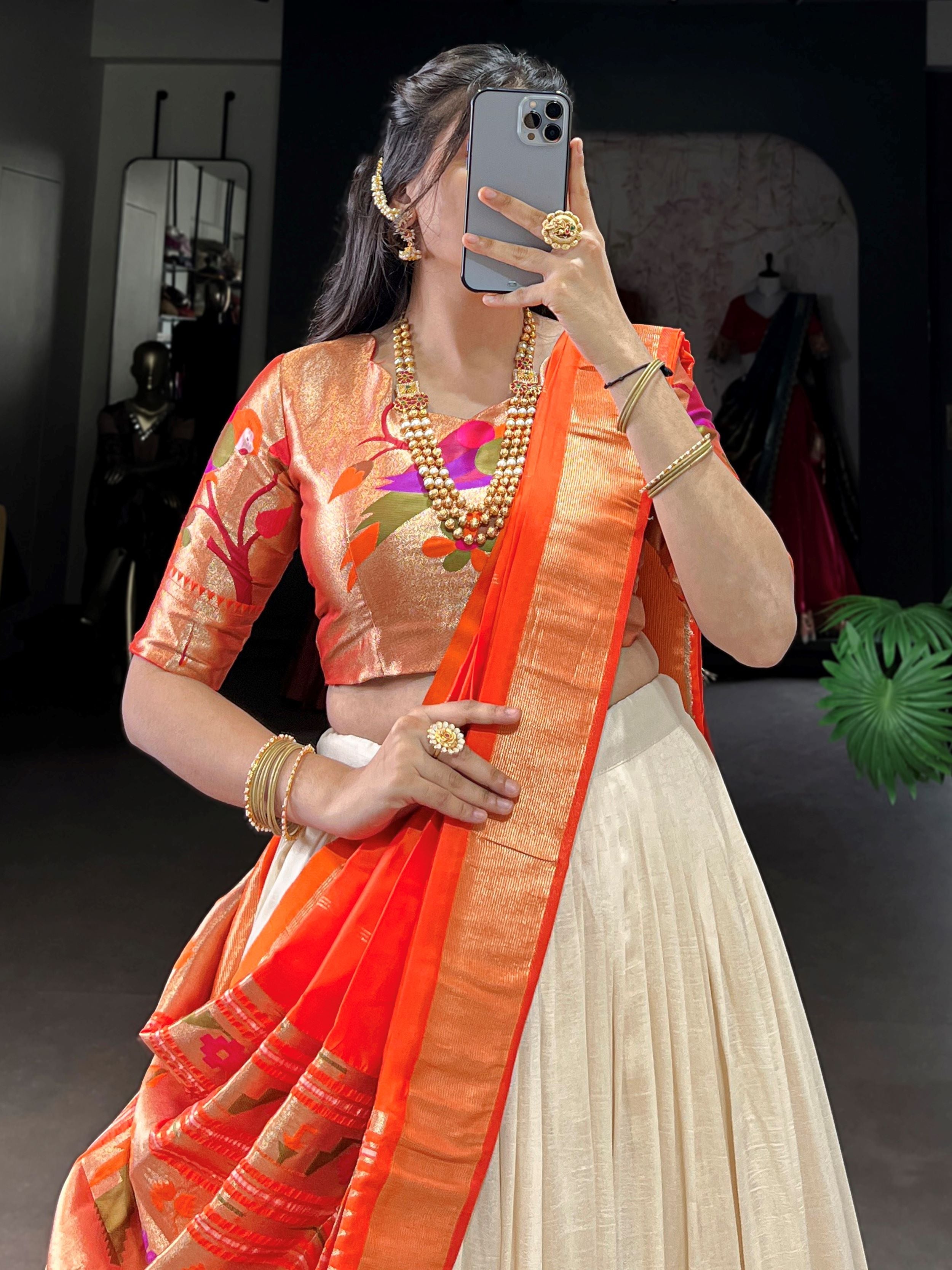 White Paithani Vichitra silk zari weaving lehenga choli with dupatta