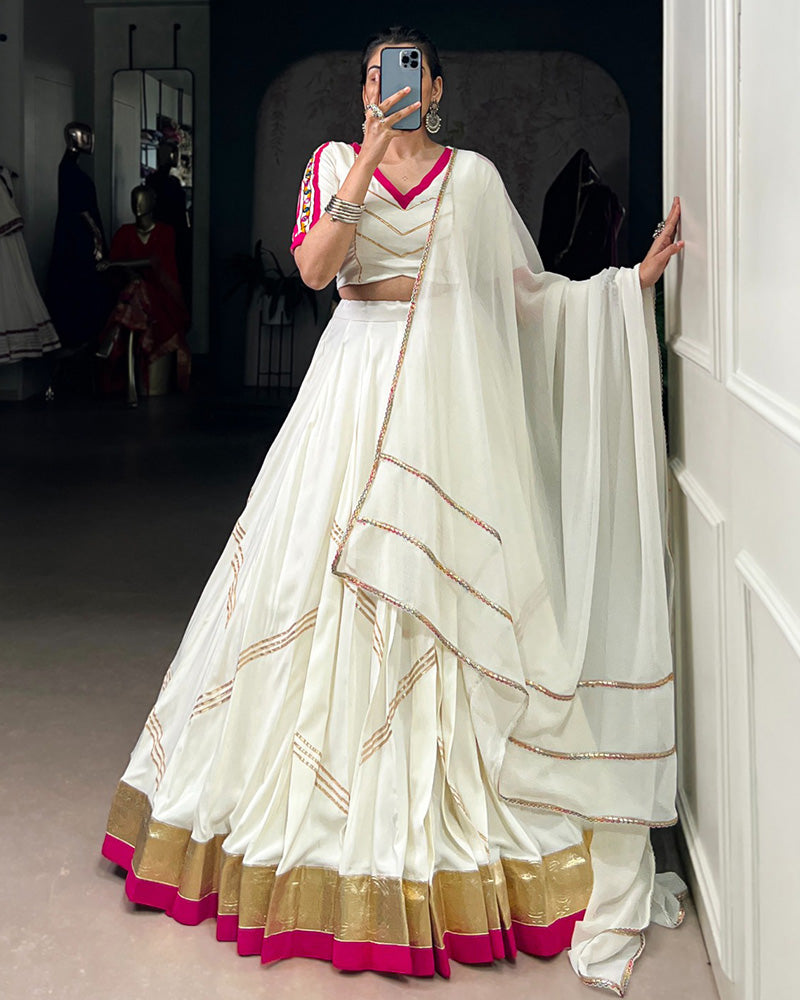 White pure rayon embossed design Gota Patti lace work lehenga choli