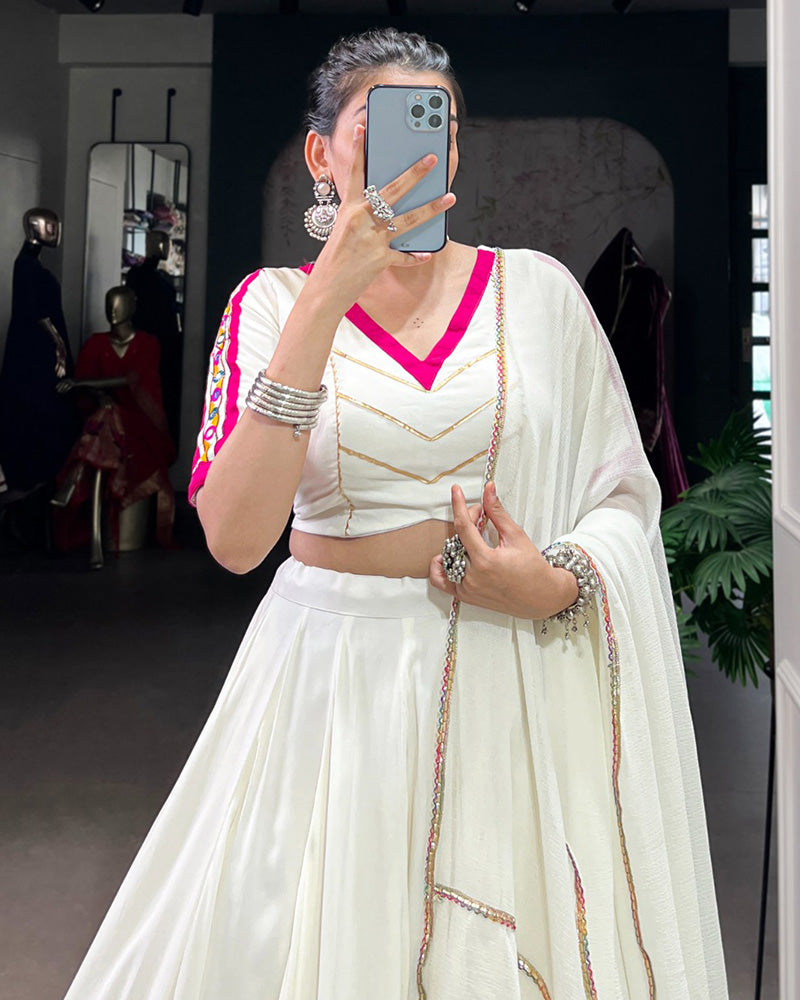 White pure rayon embossed design Gota Patti lace work lehenga choli