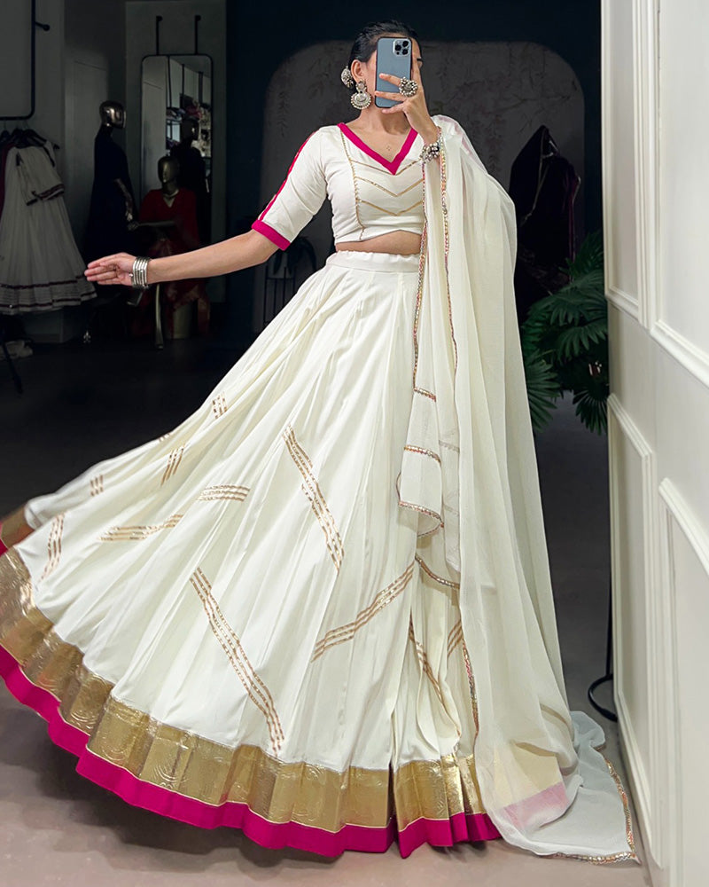 White pure rayon embossed design Gota Patti lace work lehenga choli