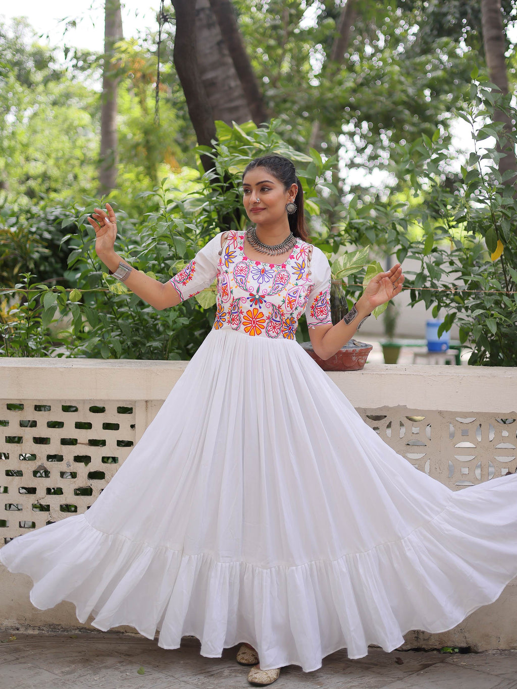 White pure rayon Kutchi Gamthi embroidered thread work gown