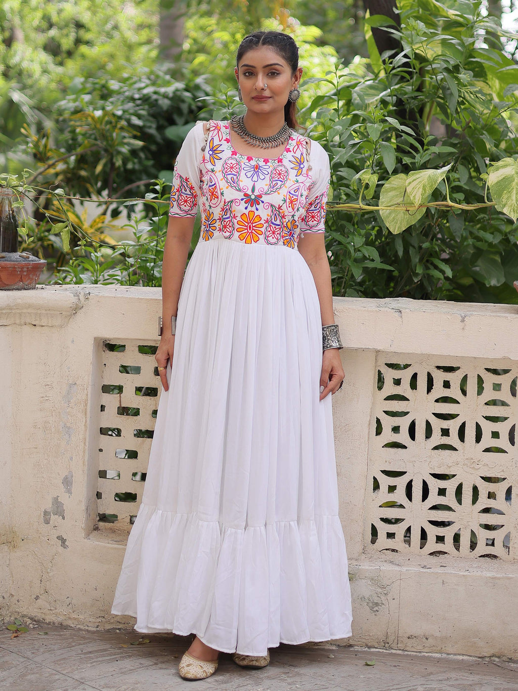 White pure rayon Kutchi Gamthi embroidered thread work gown