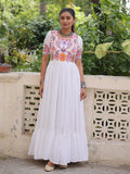 White pure rayon Kutchi Gamthi embroidered thread work gown