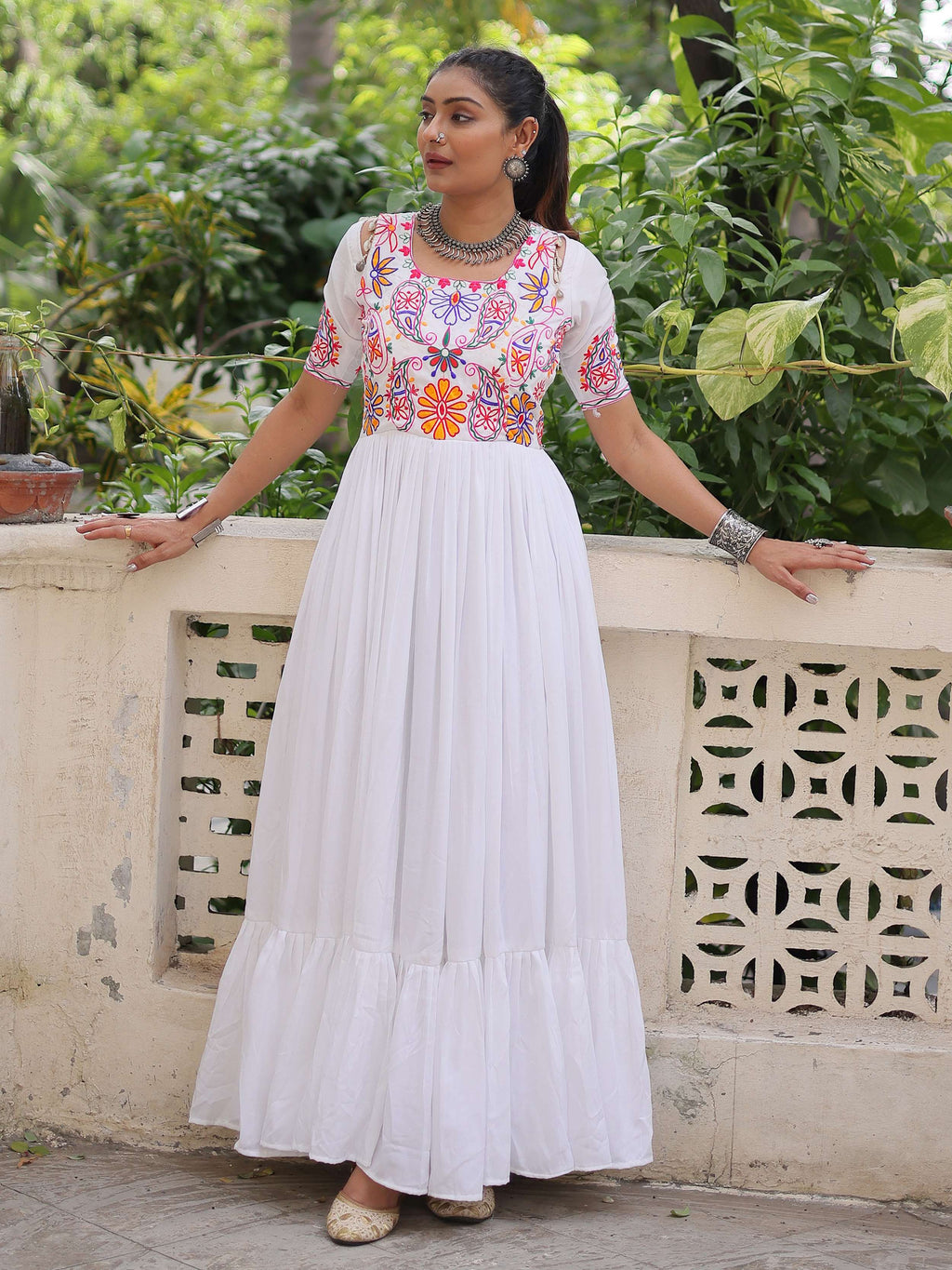 White pure rayon Kutchi Gamthi embroidered thread work gown