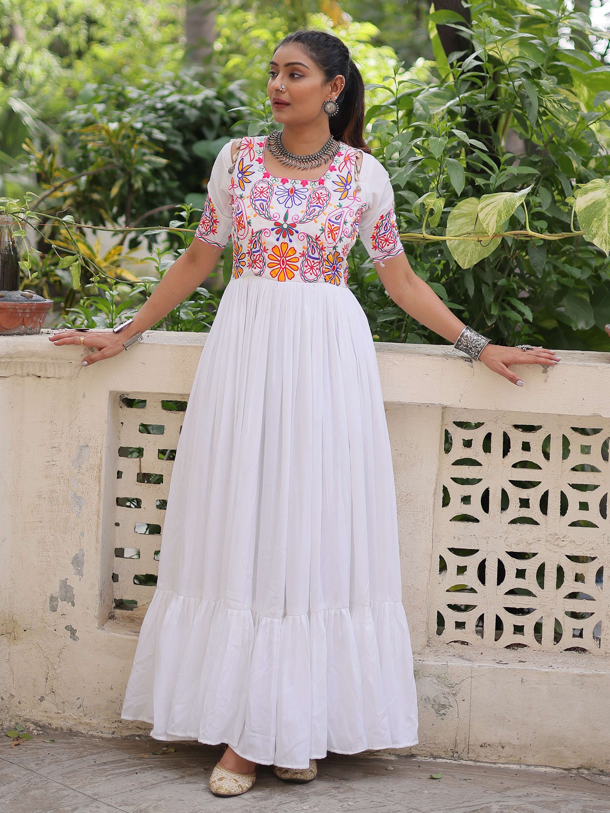 White pure rayon Kutchi Gamthi embroidered thread work gown