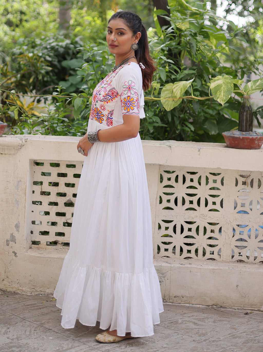 White pure rayon Kutchi Gamthi embroidered thread work gown