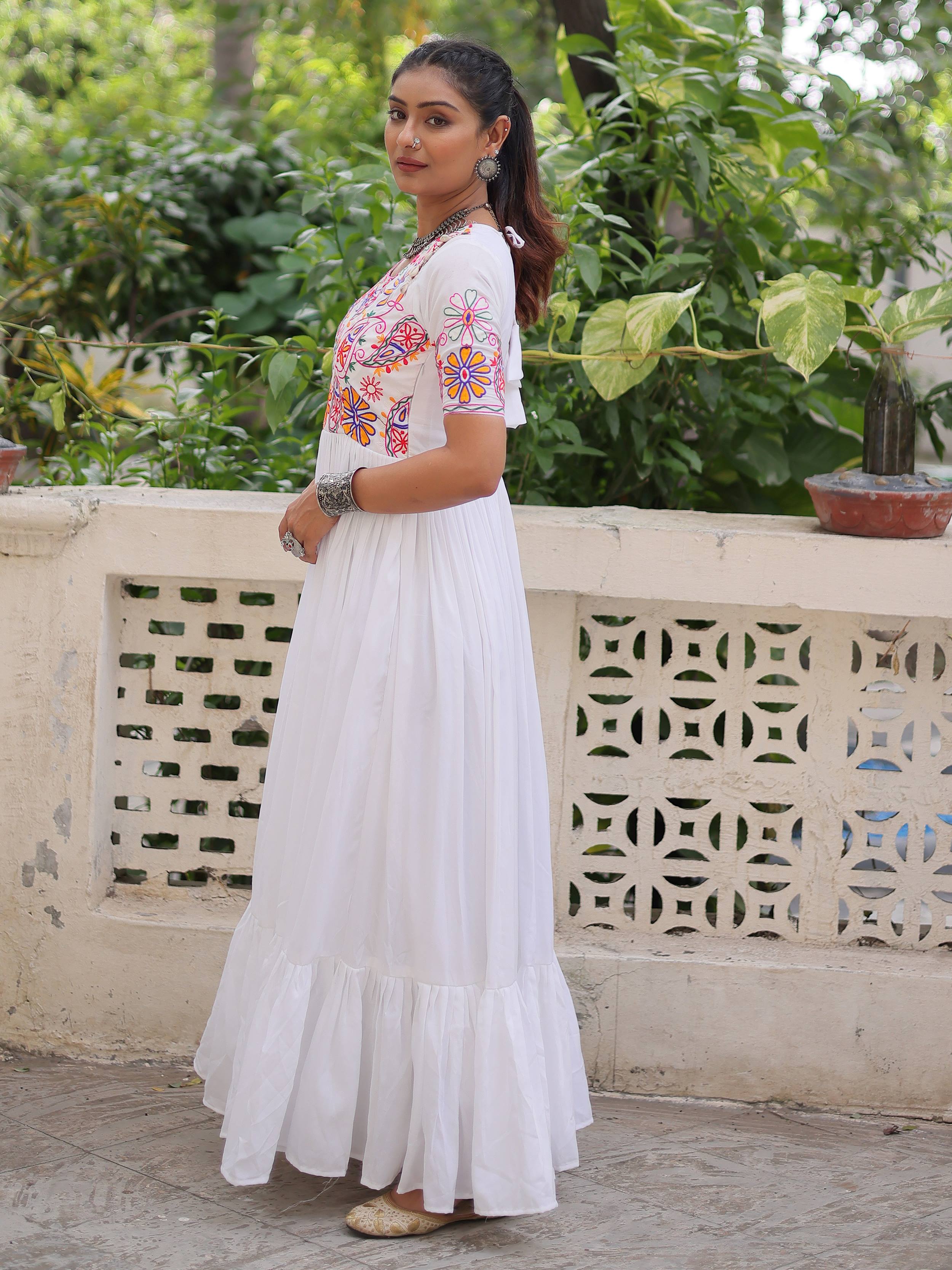 White pure rayon Kutchi Gamthi embroidered thread work gown
