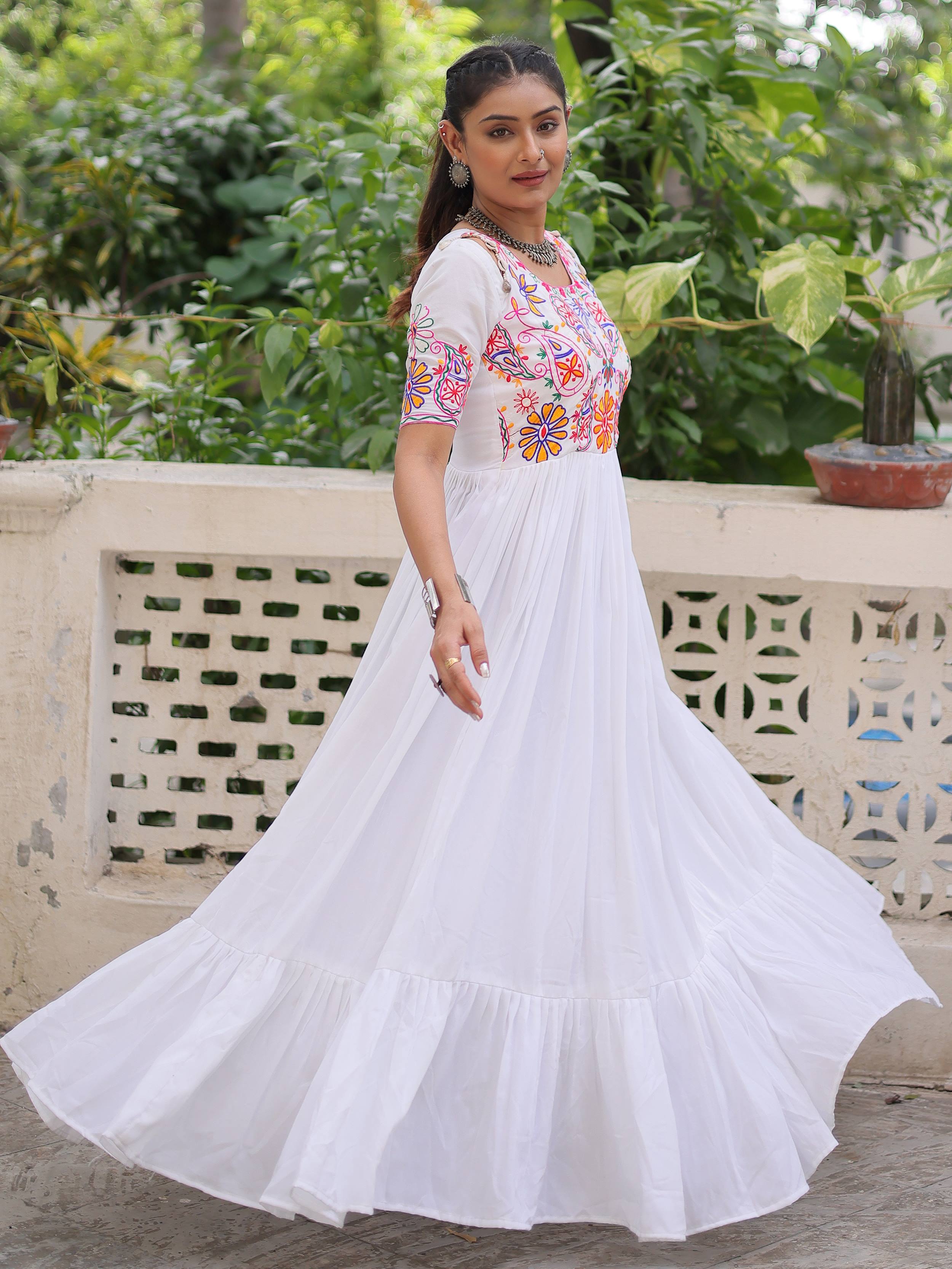 White pure rayon Kutchi Gamthi embroidered thread work gown