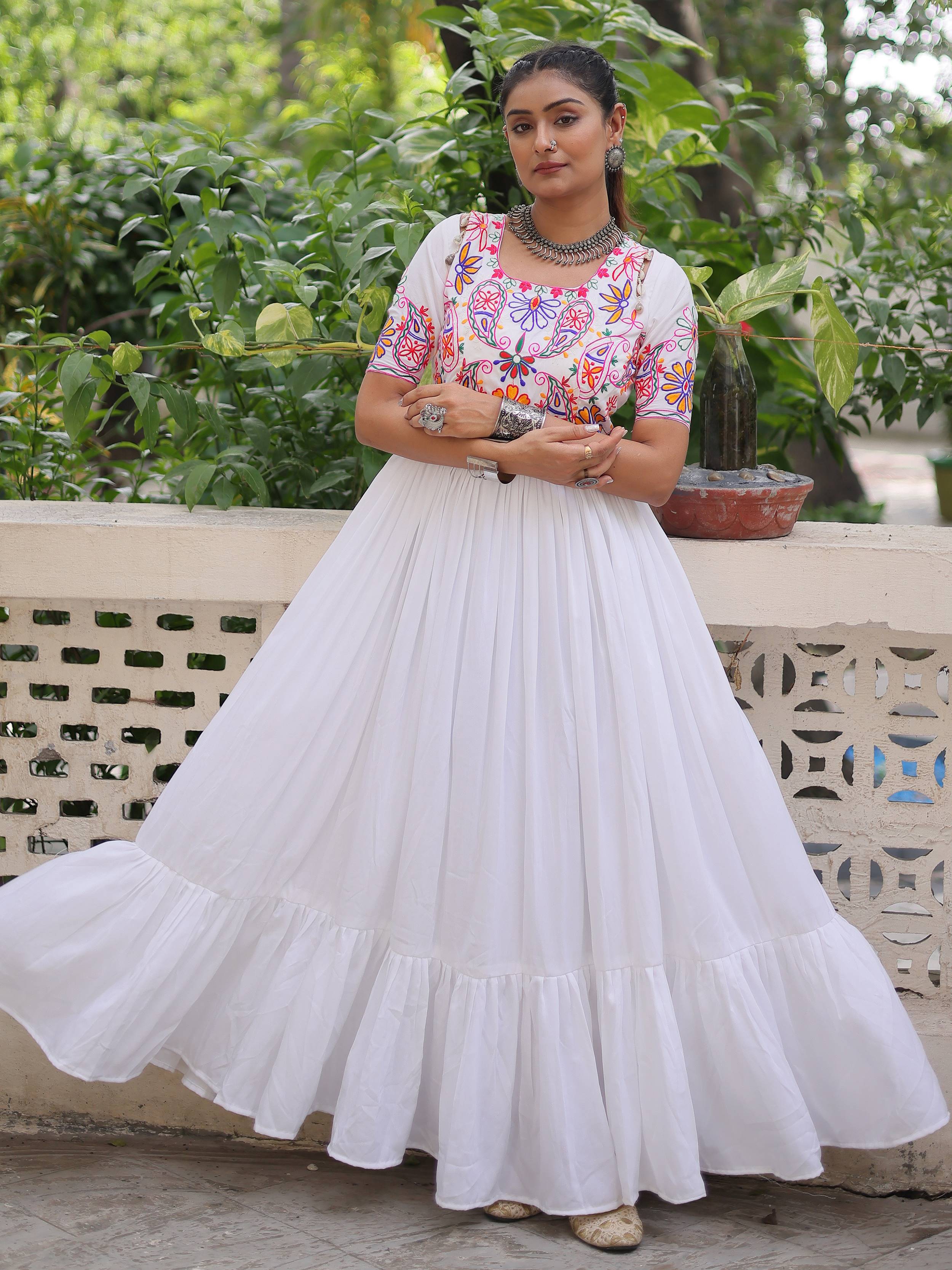 White pure rayon Kutchi Gamthi embroidered thread work gown