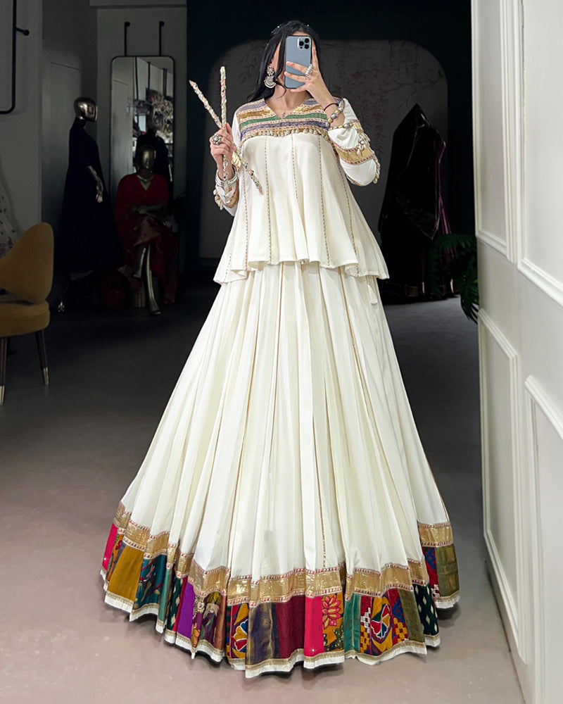 White pure rayon multi patch and Gotta Patti lace work lehenga choli