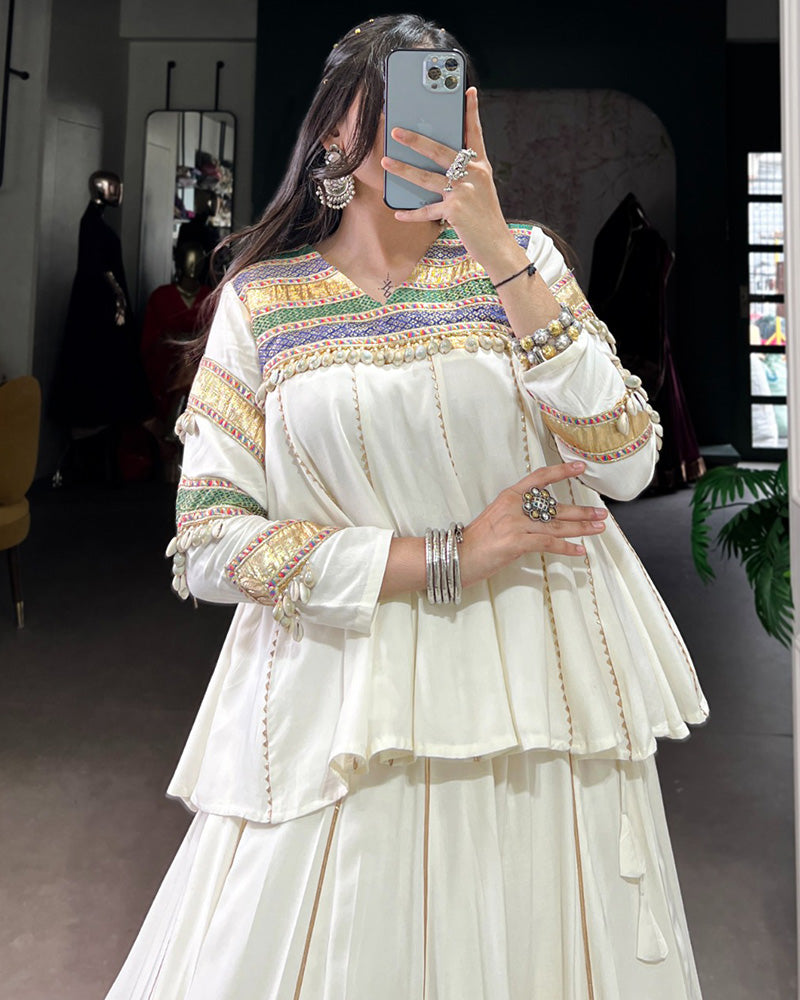 White pure rayon multi patch and Gotta Patti lace work lehenga choli