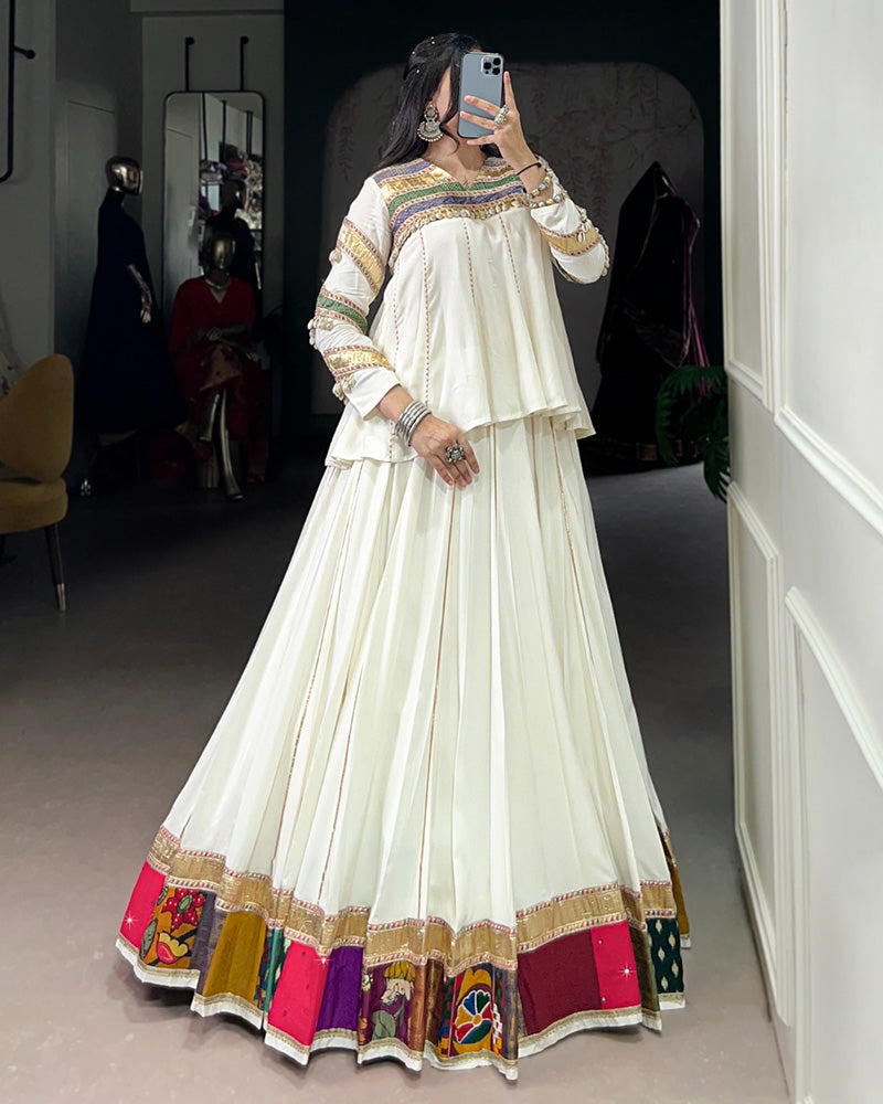 White pure rayon multi patch and Gotta Patti lace work lehenga choli
