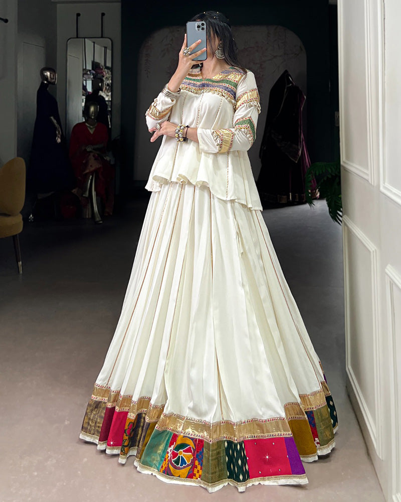 White pure rayon multi patch and Gotta Patti lace work lehenga choli