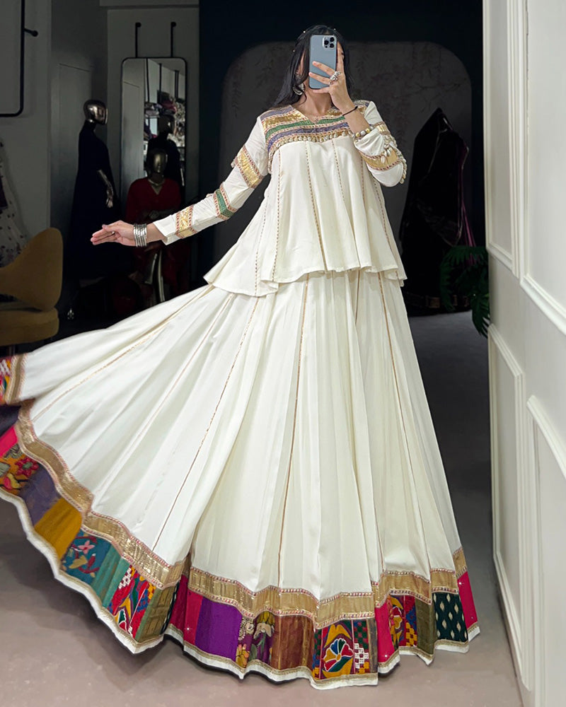White pure rayon multi patch and Gotta Patti lace work lehenga choli