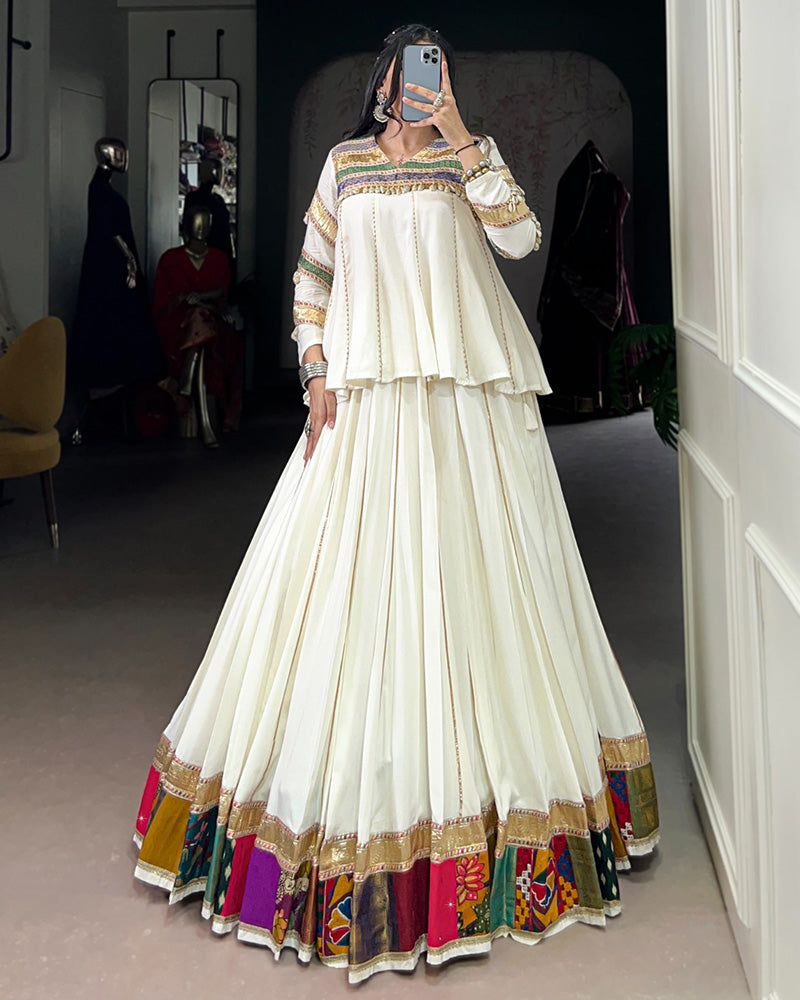 White pure rayon multi patch and Gotta Patti lace work lehenga choli