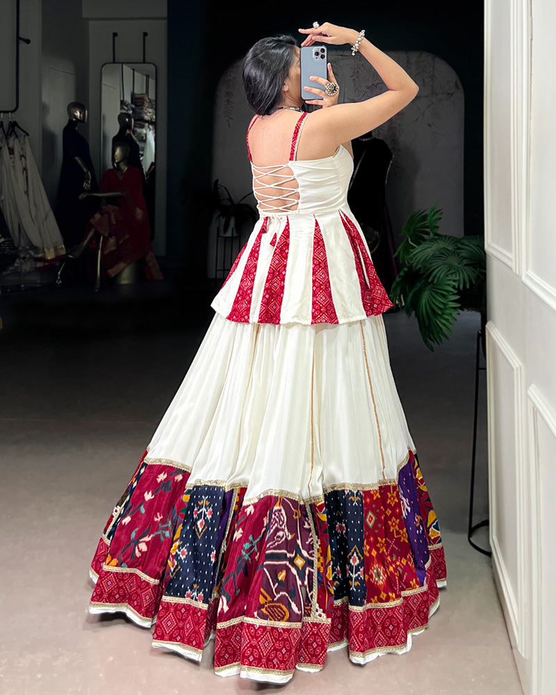 White rayon lehenga choli with Bandhej foil print and patch work