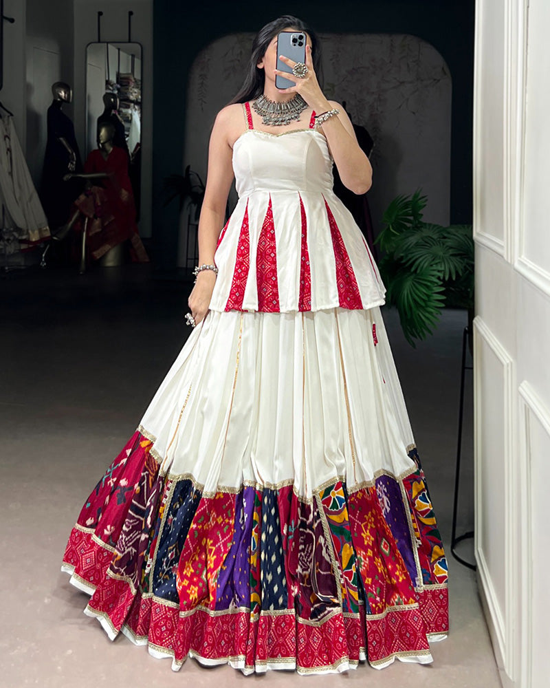 White rayon lehenga choli with Bandhej foil print and patch work