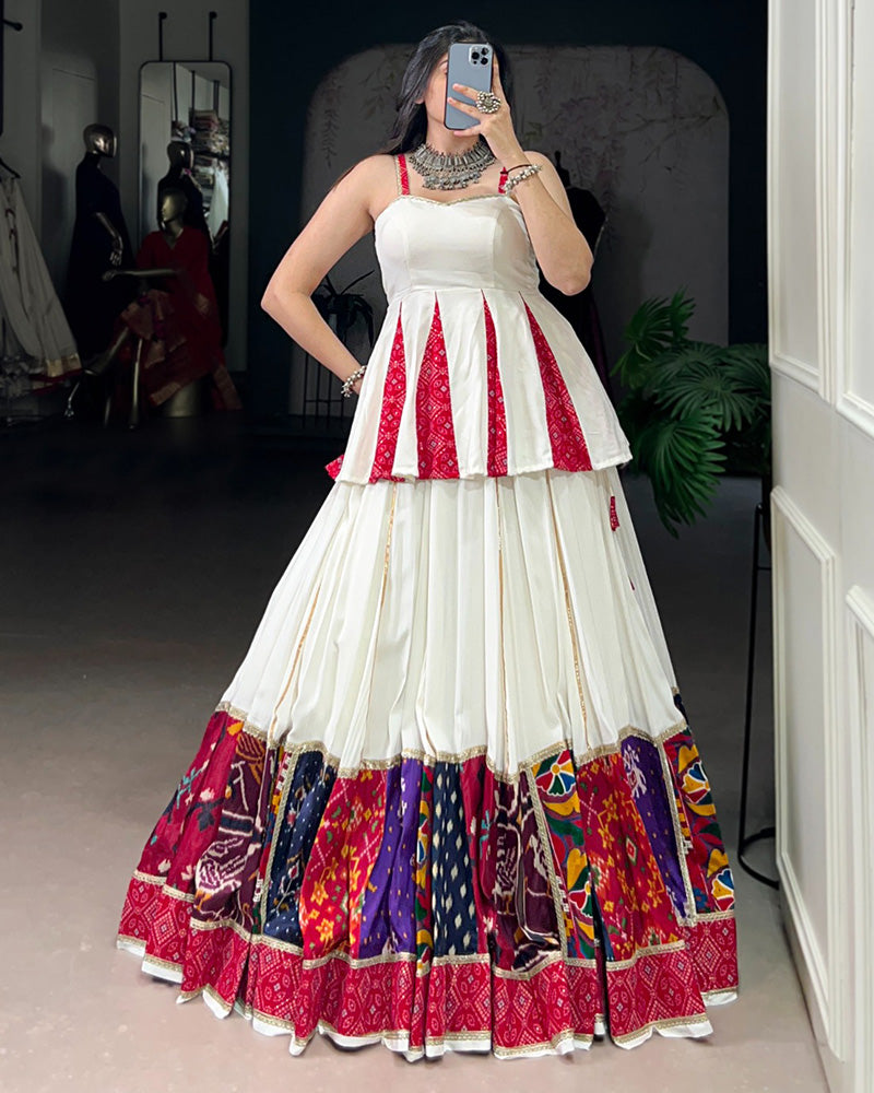 White rayon lehenga choli with Bandhej foil print and patch work