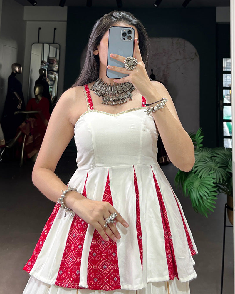 White rayon lehenga choli with Bandhej foil print and patch work