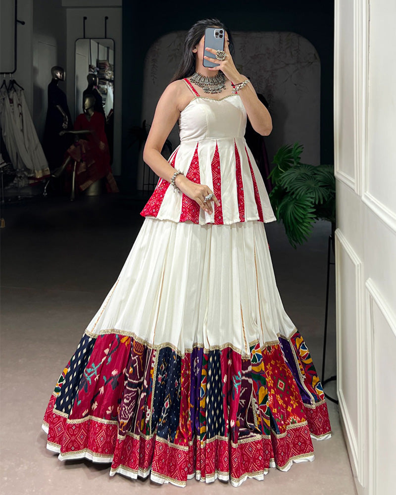 White rayon lehenga choli with Bandhej foil print and patch work