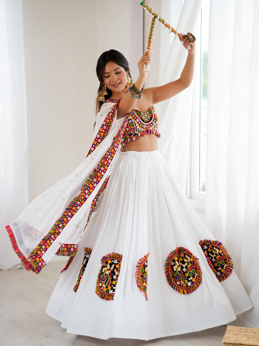 White rayon Gamthi thread mirror work lehenga choli with dupatta