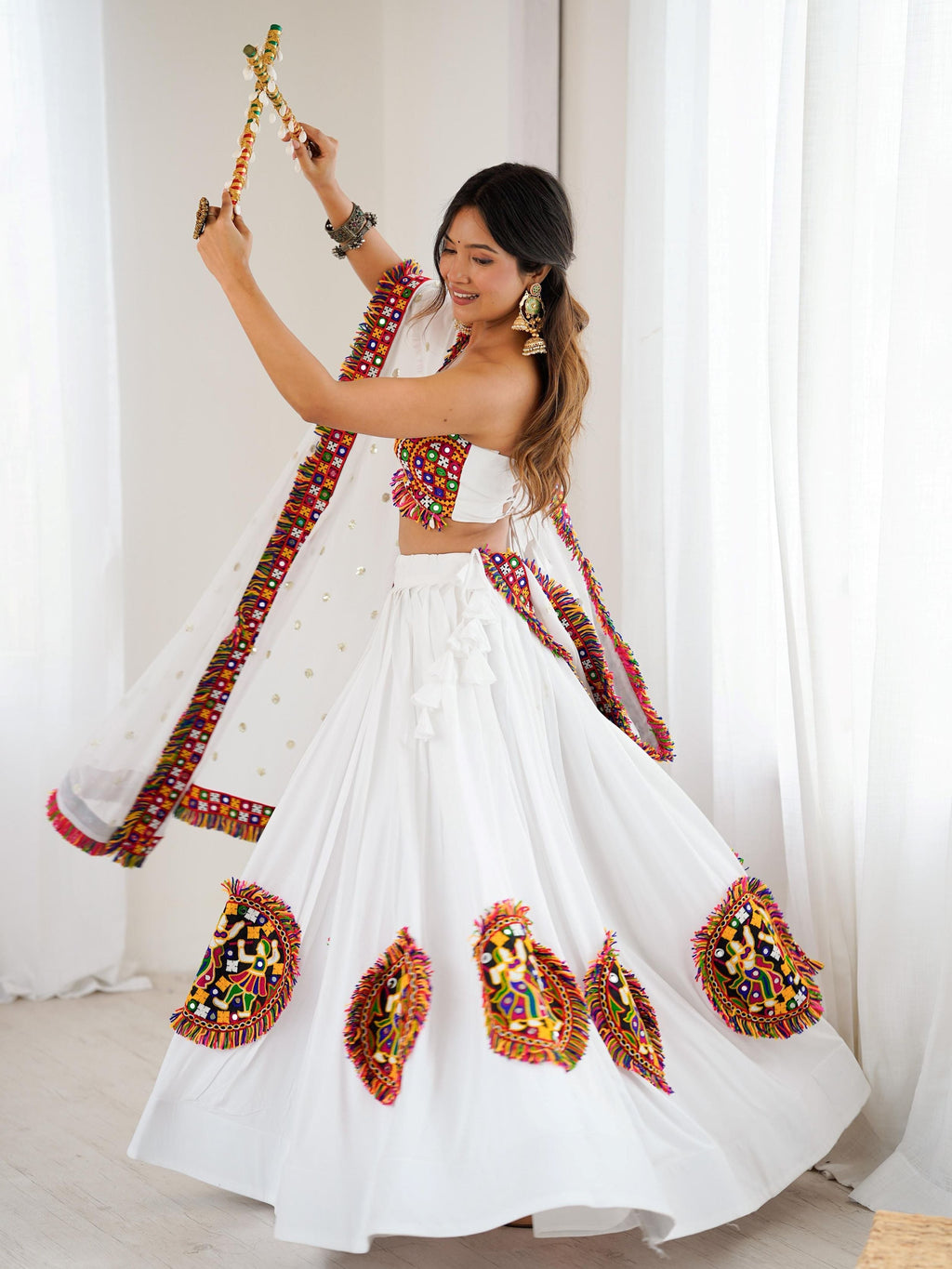 White rayon Gamthi thread mirror work lehenga choli with dupatta