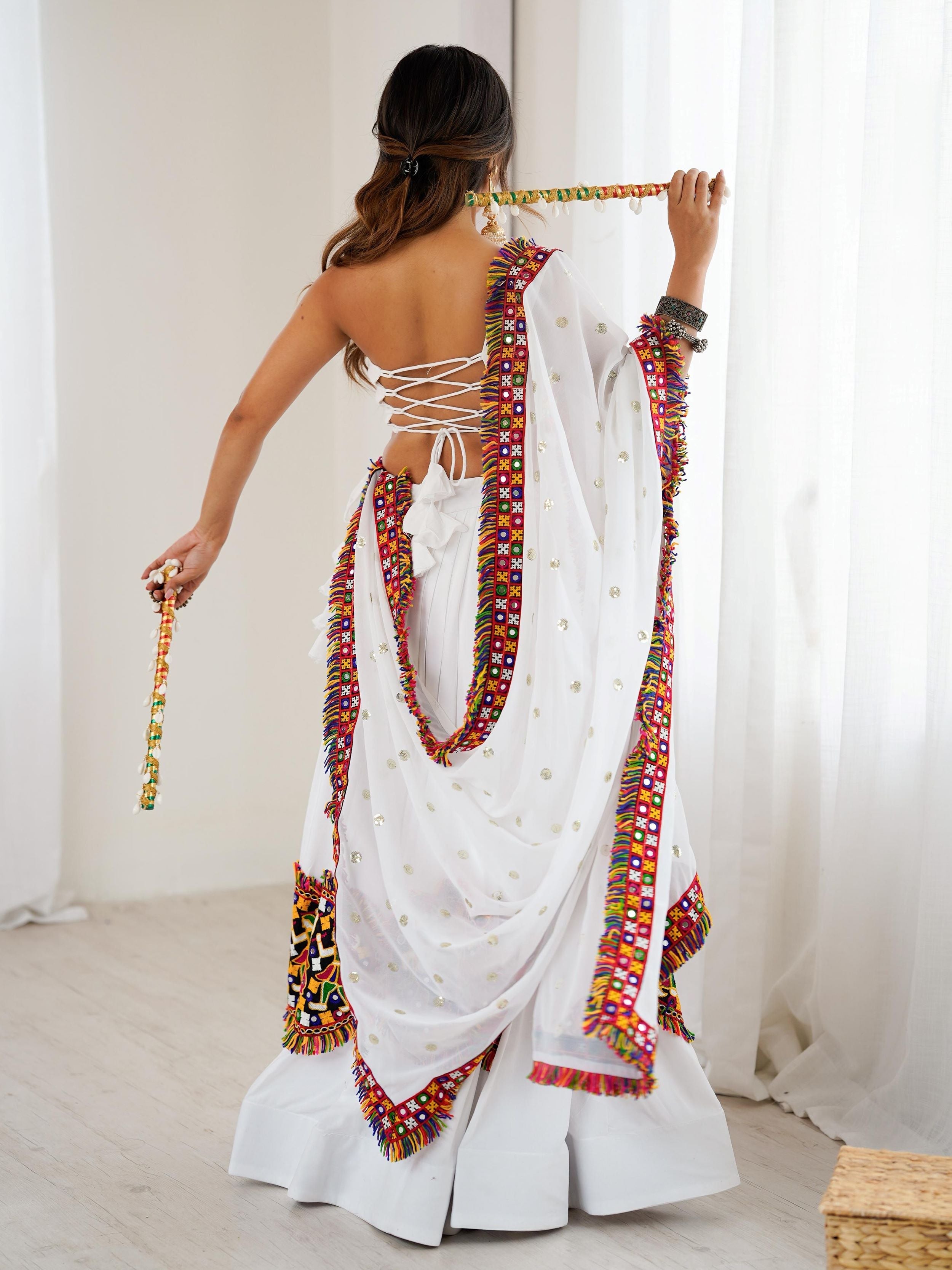 White rayon Gamthi thread mirror work lehenga choli with dupatta