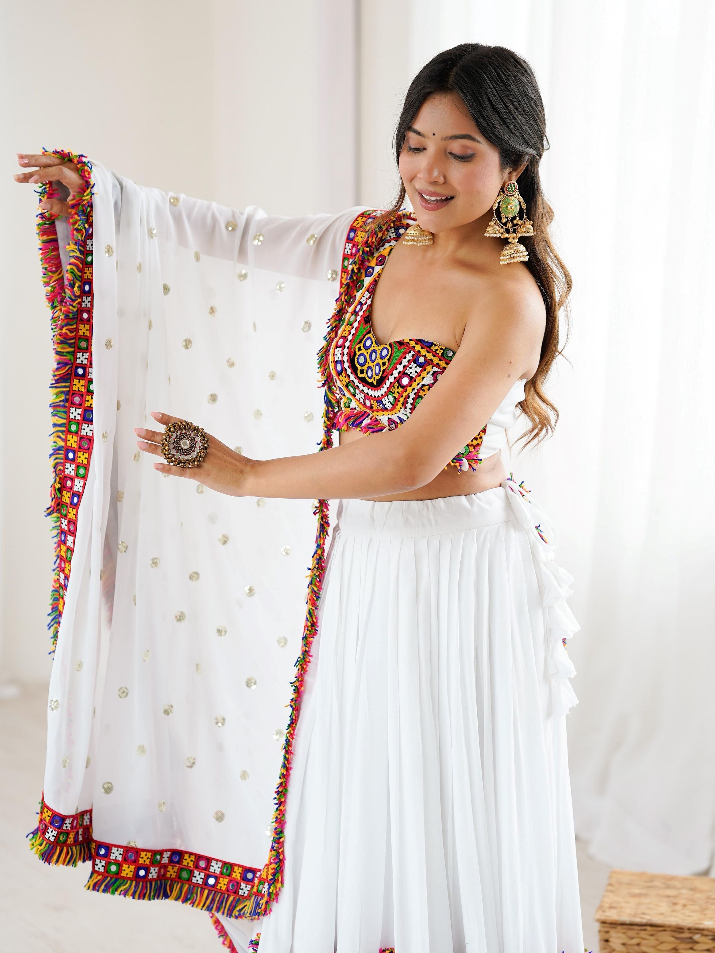 White rayon Gamthi thread mirror work lehenga choli with dupatta