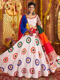 White viscose cotton mirror thread embroidery Navratri lehenga choli