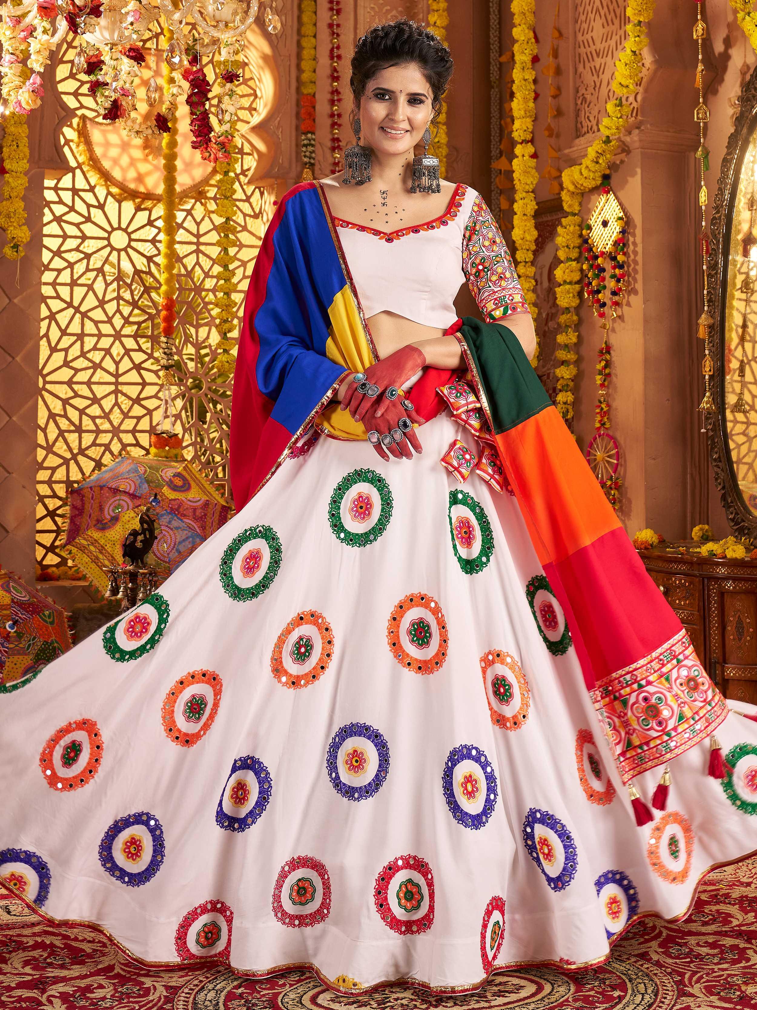 White viscose cotton mirror thread embroidery Navratri lehenga choli