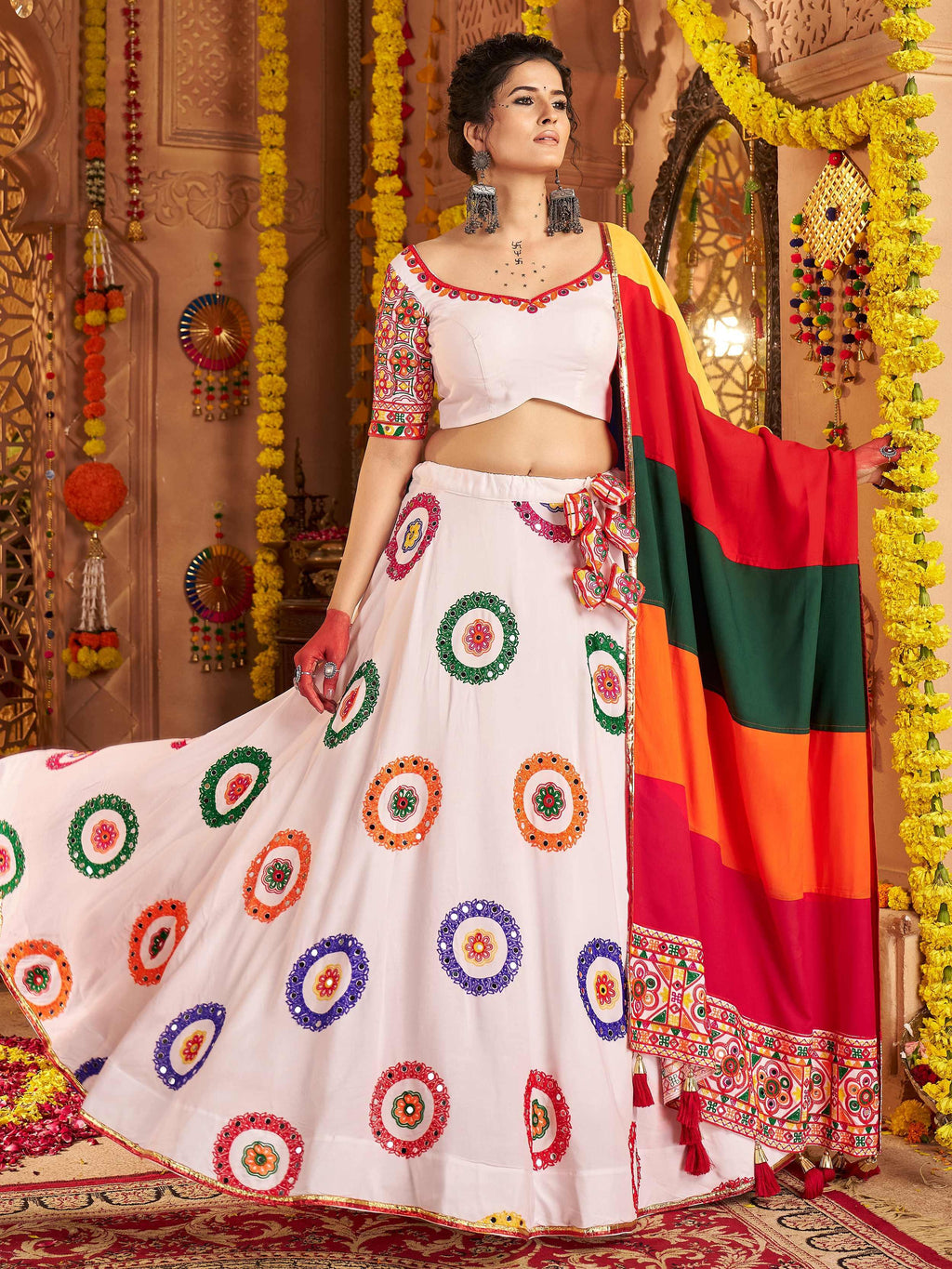 White viscose cotton mirror thread embroidery Navratri lehenga choli