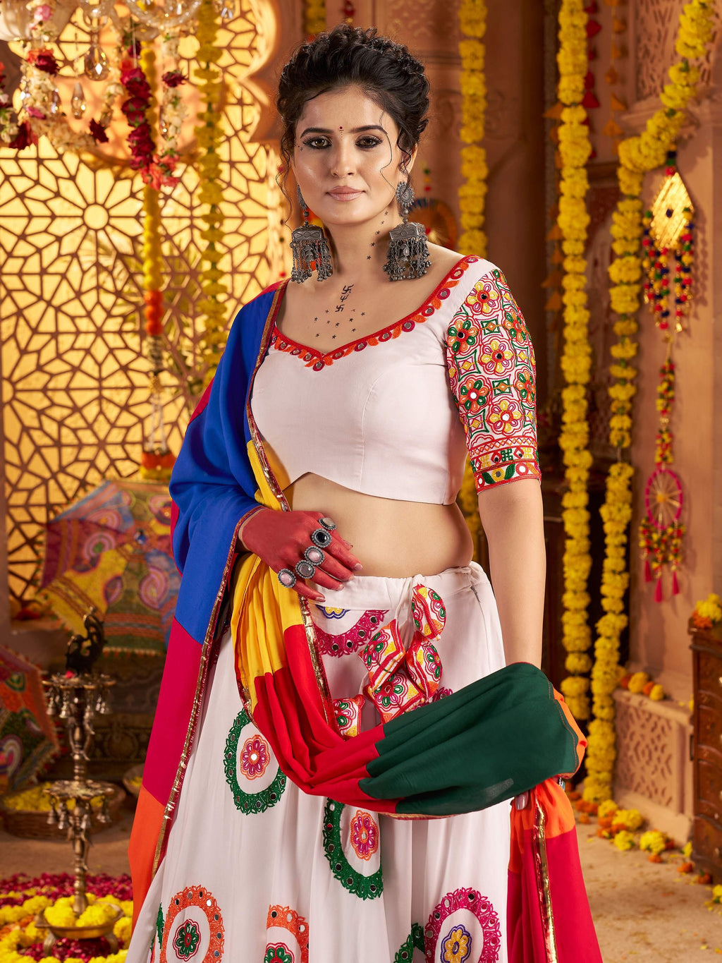White viscose cotton mirror thread embroidery Navratri lehenga choli