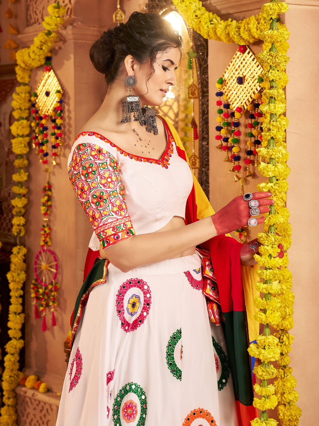 White viscose cotton mirror thread embroidery Navratri lehenga choli
