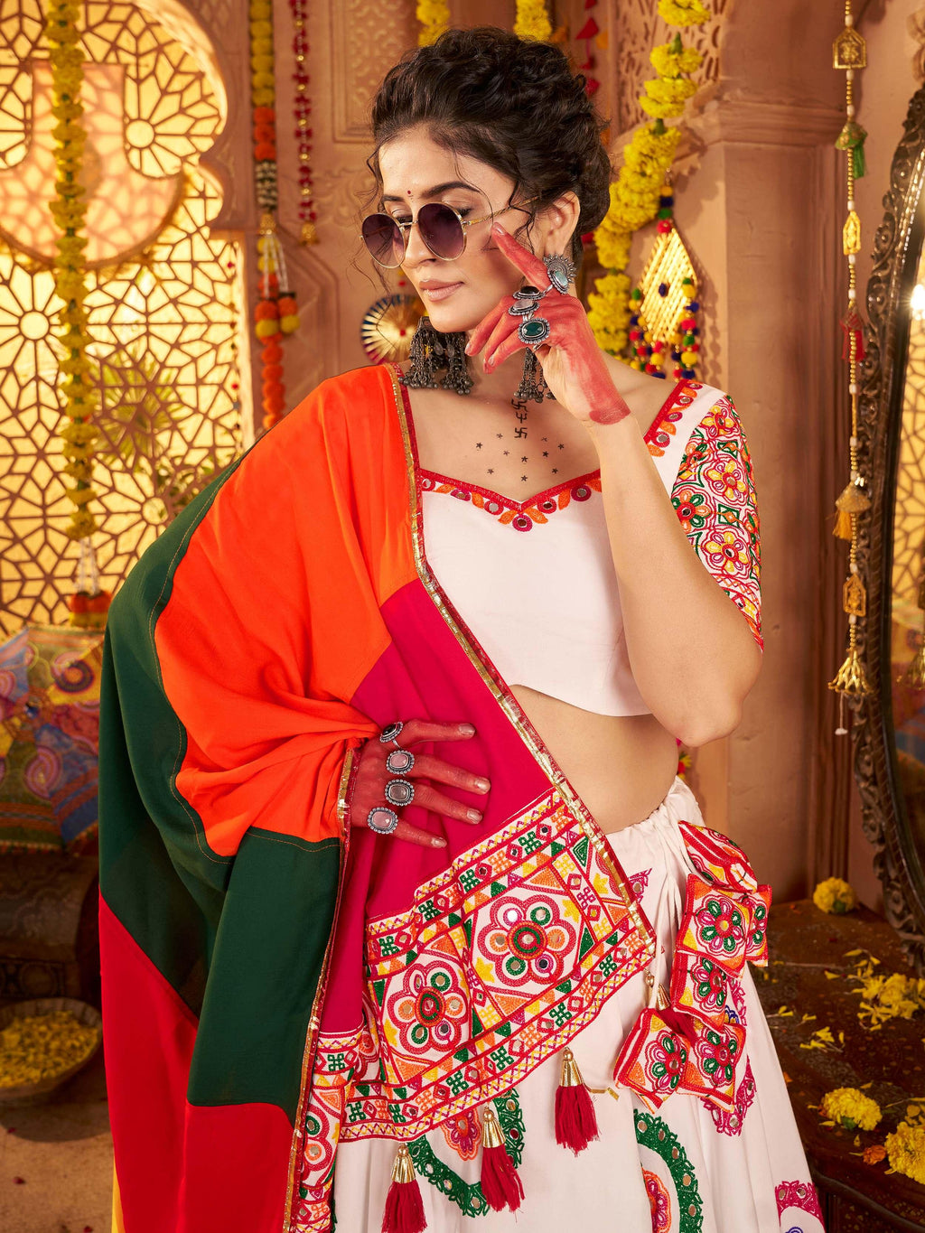 White viscose cotton mirror thread embroidery Navratri lehenga choli