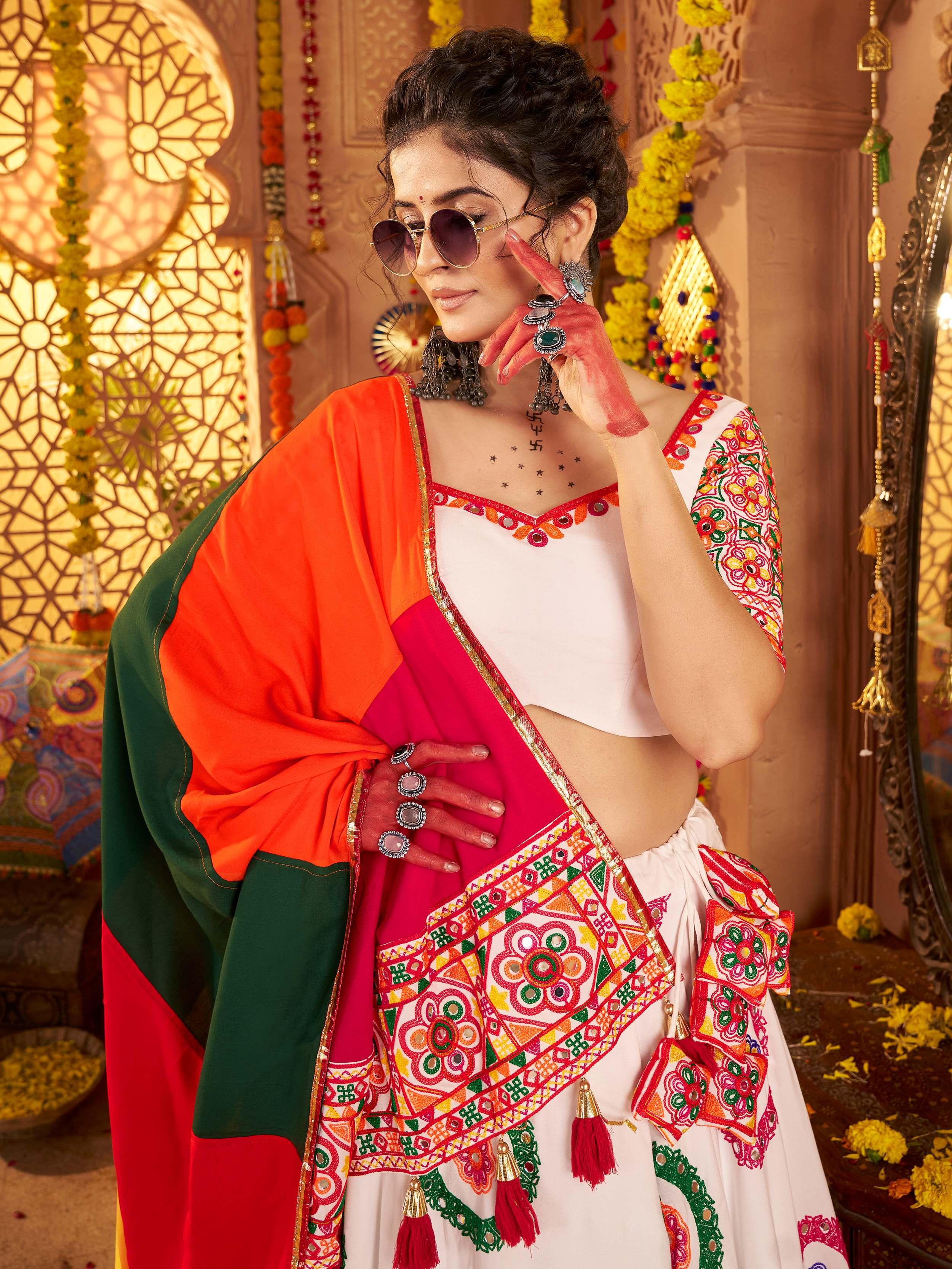 White viscose cotton mirror thread embroidery Navratri lehenga choli