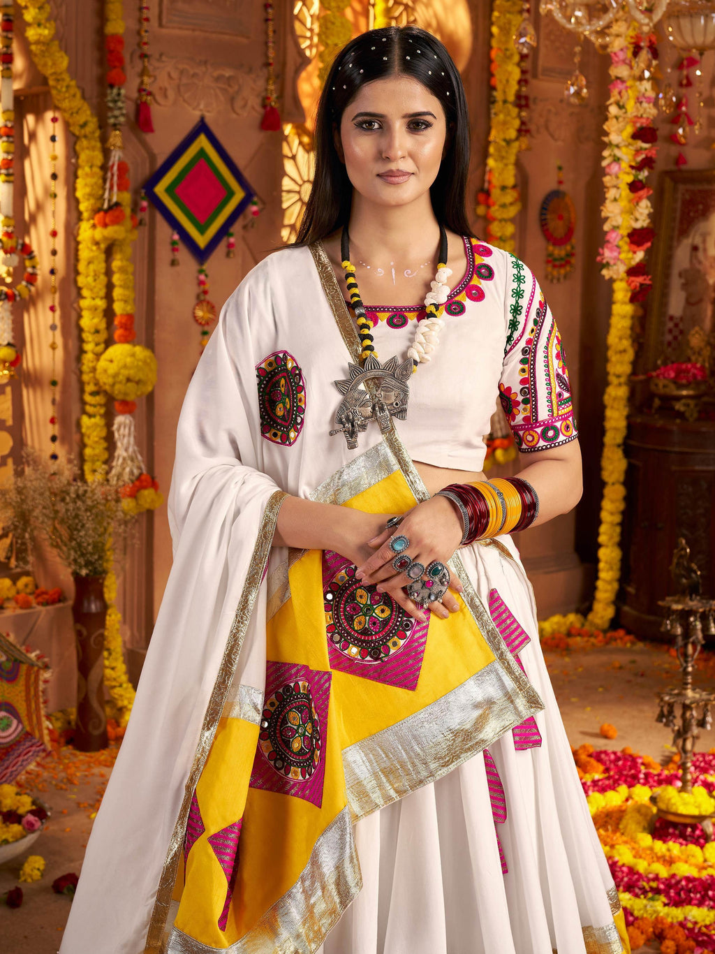 White viscose cotton thread embroidery Navratri lehenga choli