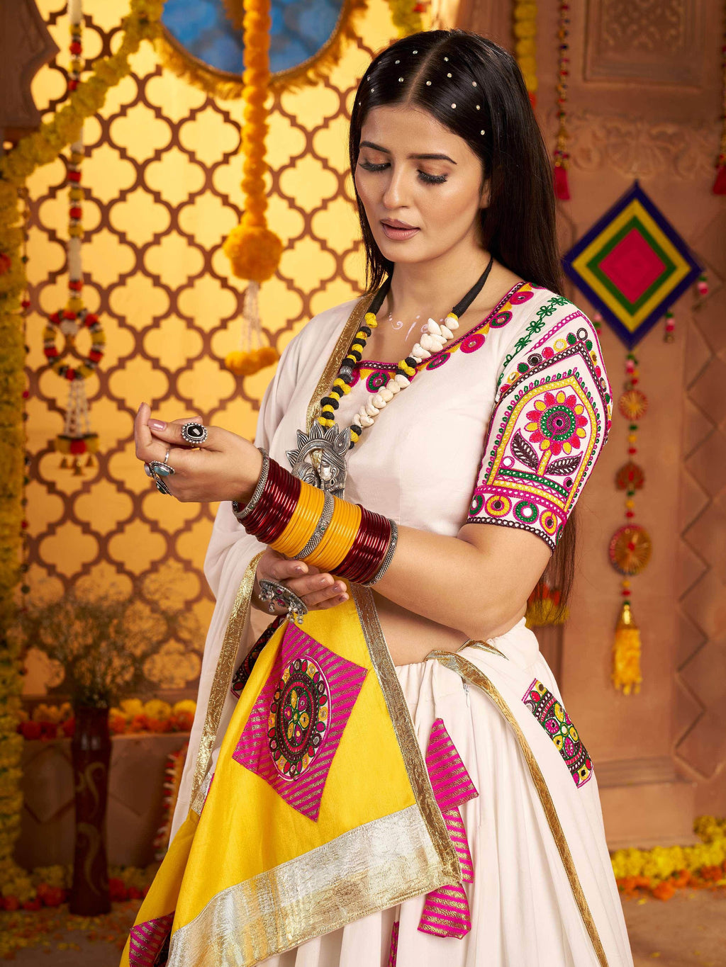 White viscose cotton thread embroidery Navratri lehenga choli