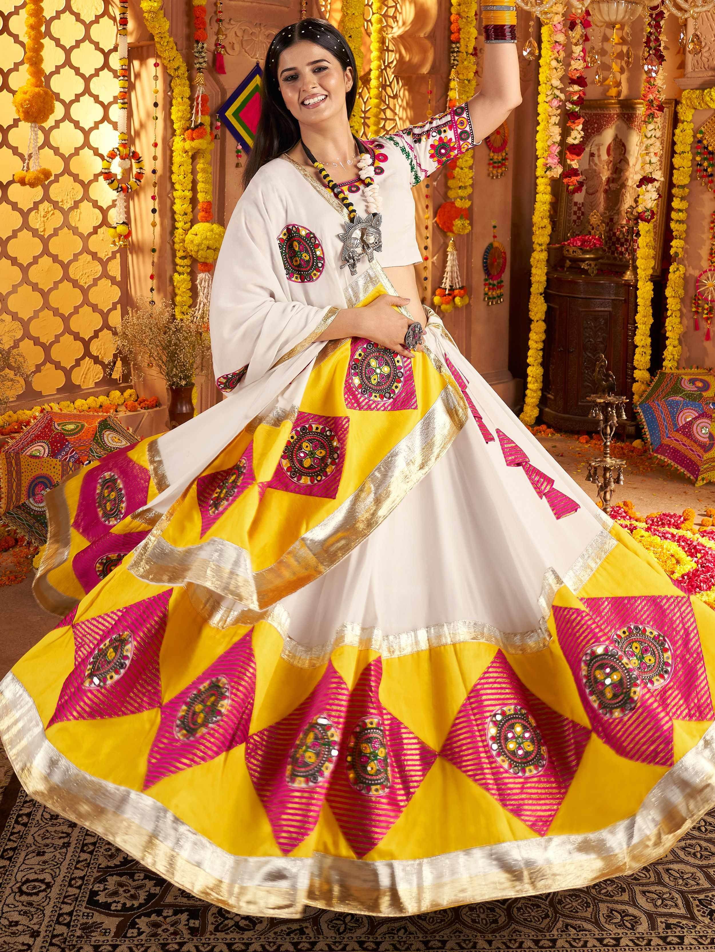 White viscose cotton thread embroidery Navratri lehenga choli