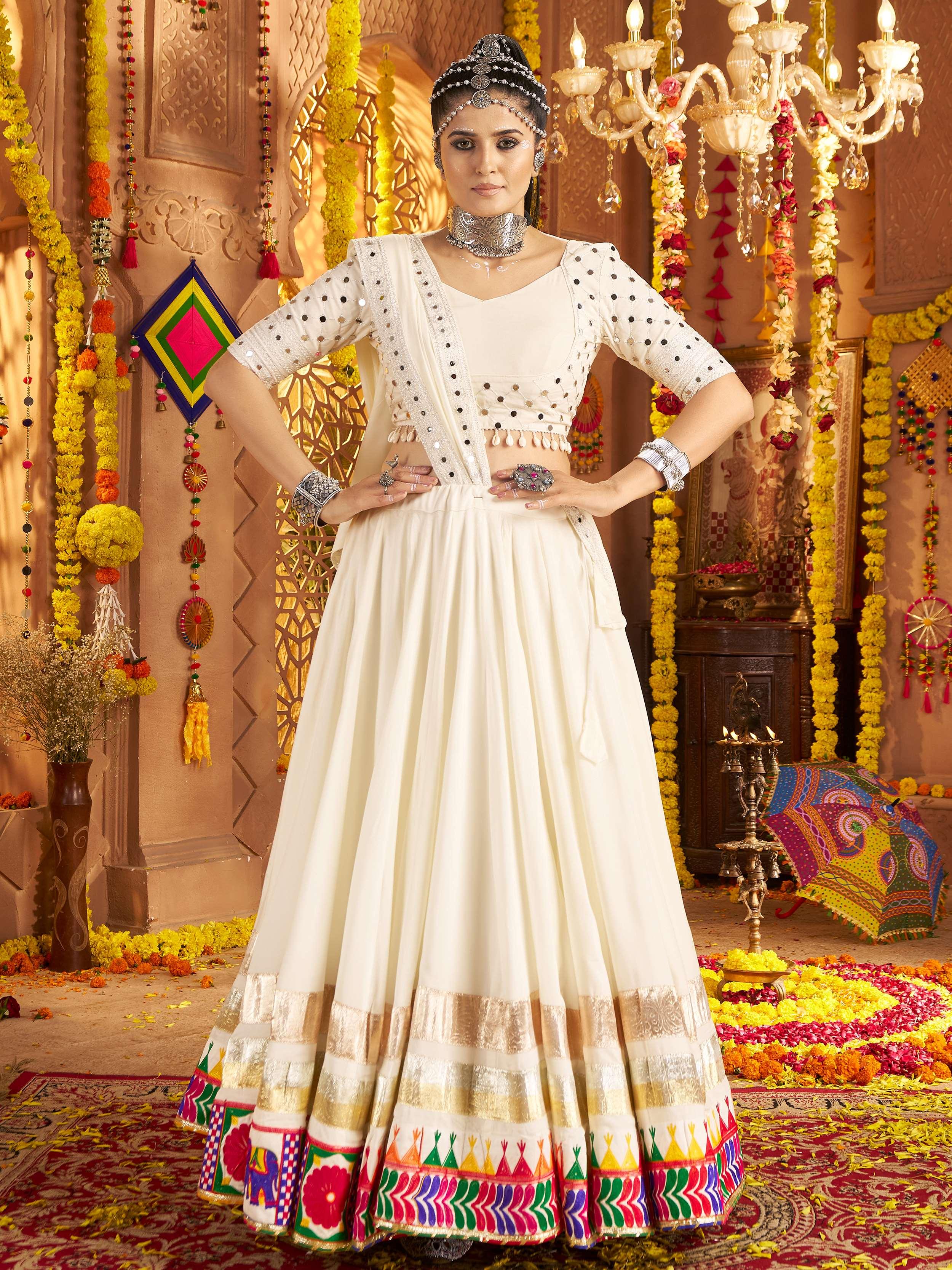 White viscose rayon embroidered Navratri lehenga choli with dupatta